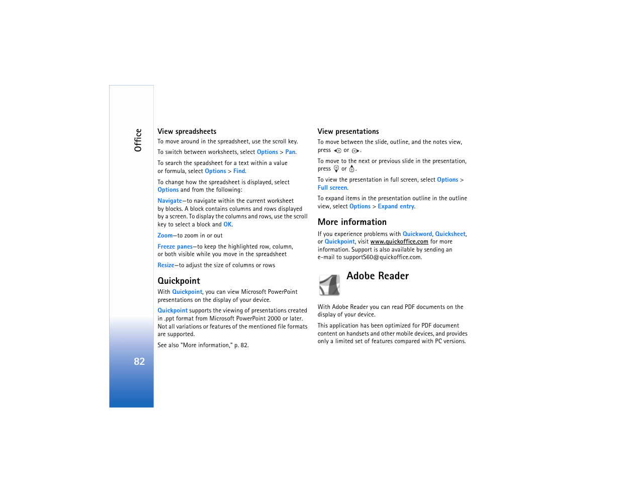 Adobe reader, More information, Offic e | Quickpoint | Nokia N73 User Manual | Page 83 / 241