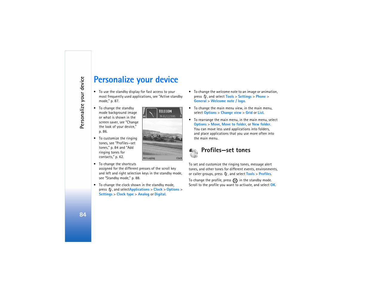 Personalize your device, Profiles-set tones, Profiles—set tones | Per sonalize your device | Nokia N73 User Manual | Page 85 / 241