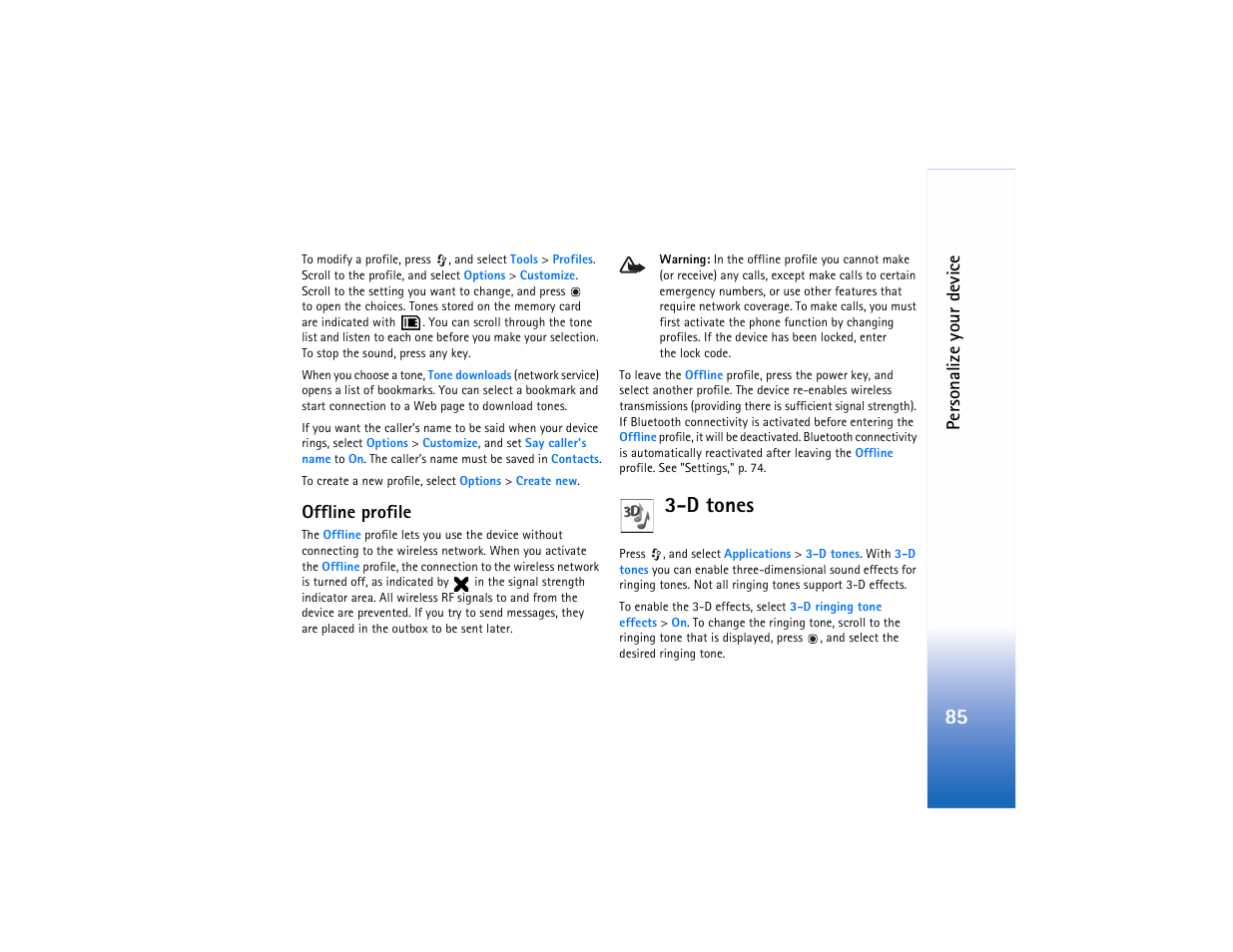D tones, Per sonalize your device, Offline profile | Nokia N73 User Manual | Page 86 / 241