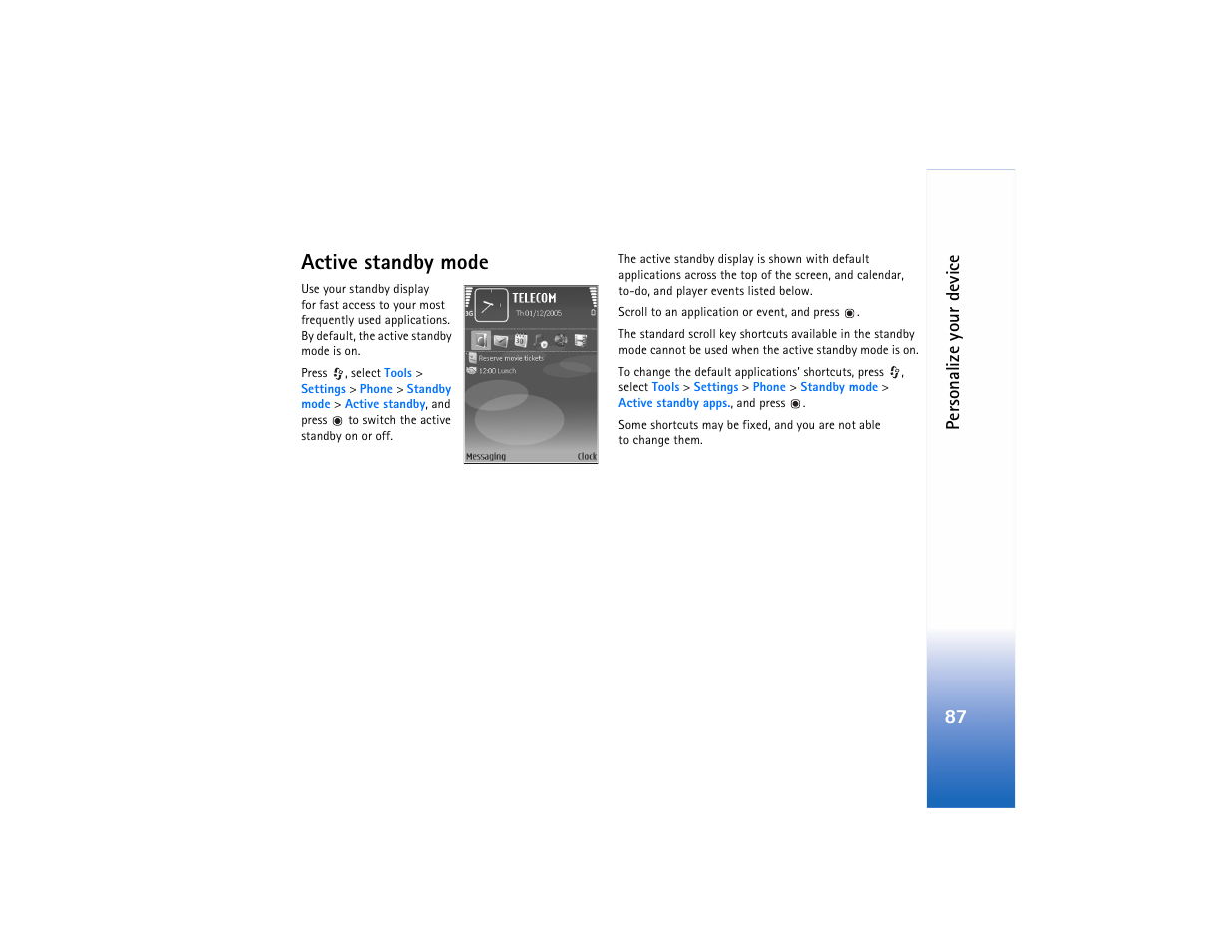 Active standby mode, E "active standby mode," p. 87, 87 active standby mode | Nokia N73 User Manual | Page 88 / 241
