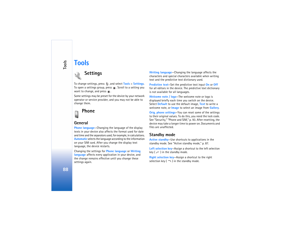 Tools, Settings, Standby mode," p. 88 | Phone | Nokia N73 User Manual | Page 89 / 241