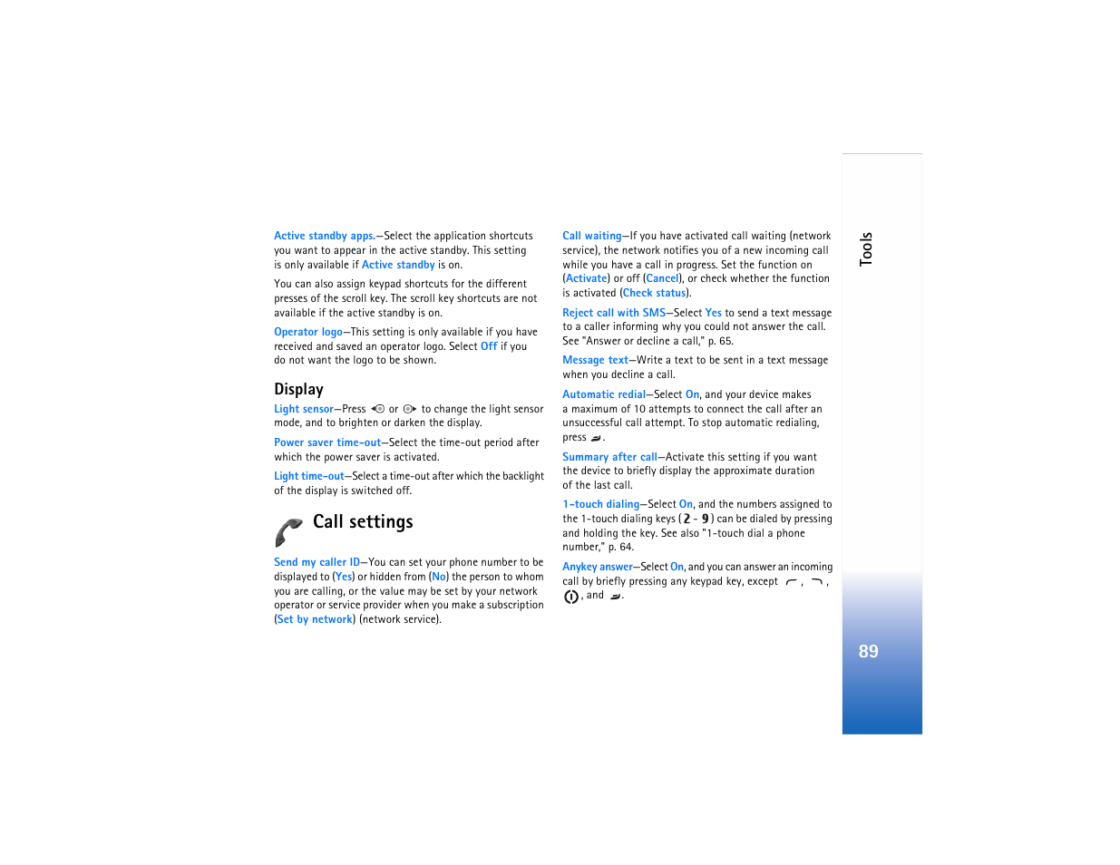 E "call settings, Call settings, Tools | Display | Nokia N73 User Manual | Page 90 / 241