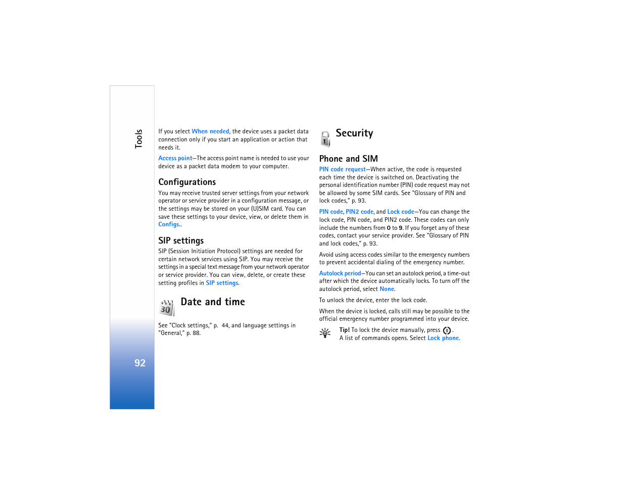 E ‘security, Security," "phone and sim," p, Date and time | Security | Nokia N73 User Manual | Page 93 / 241