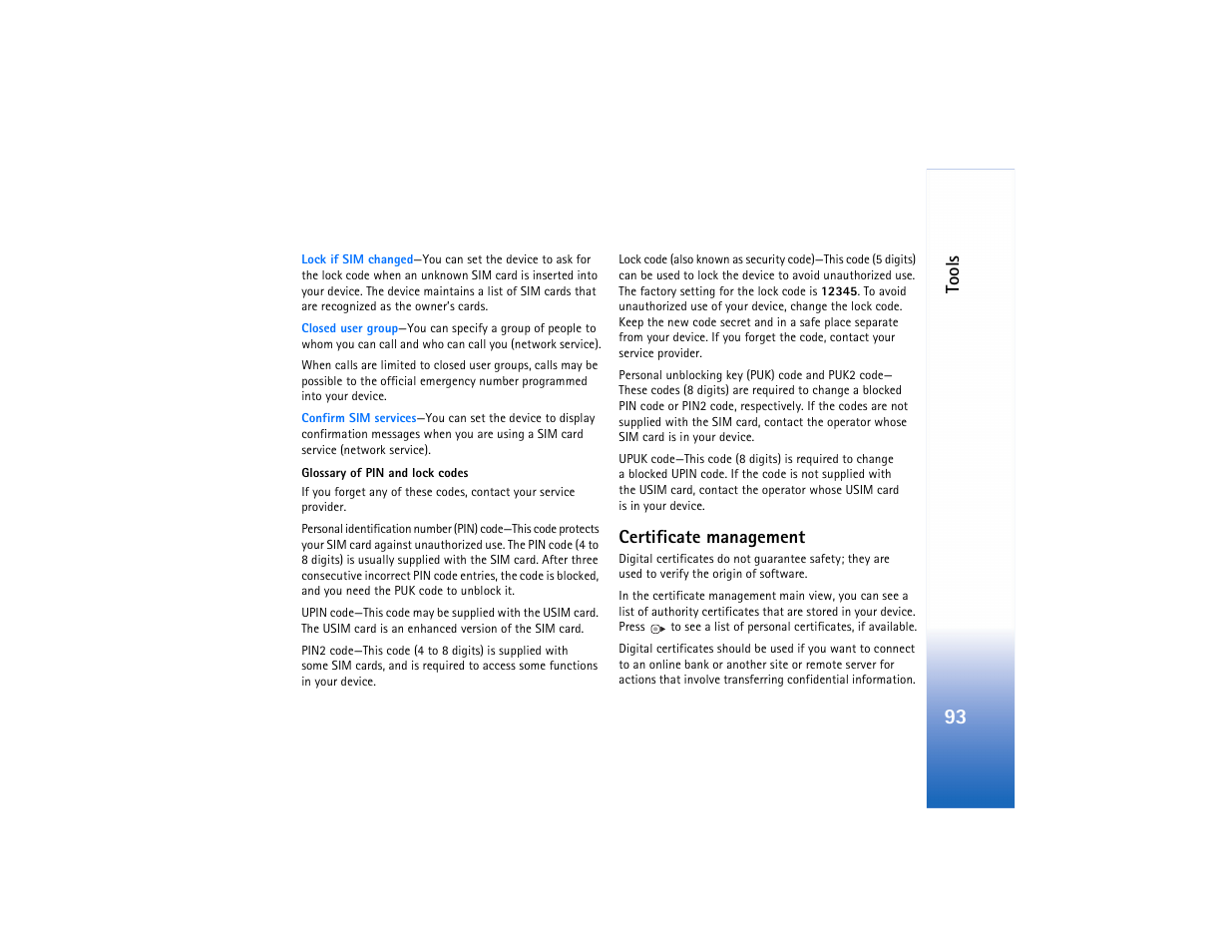 Glossary of pin and lock codes," p. 93, Glossary of pin and lock codes | Nokia N73 User Manual | Page 94 / 241