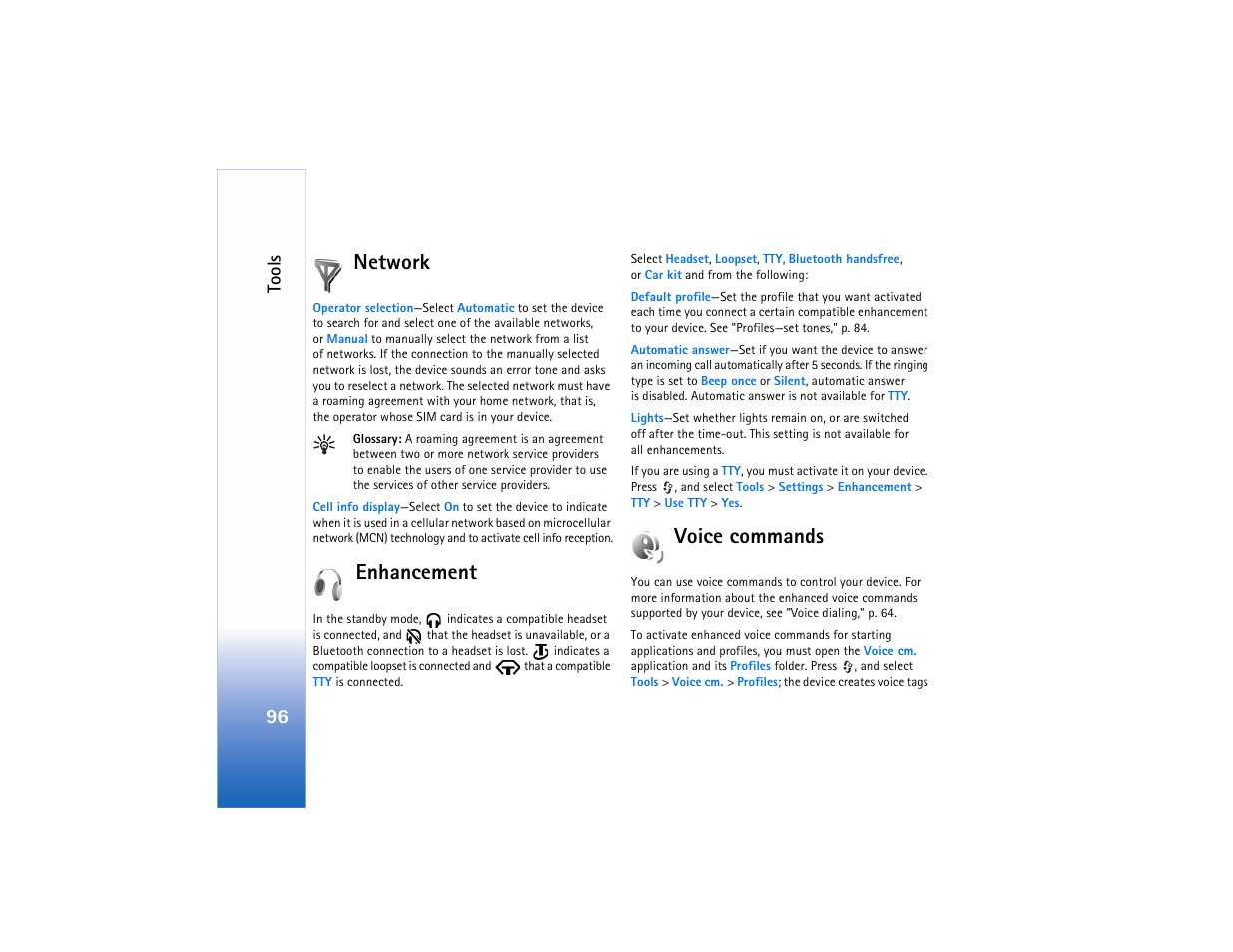 Voice commands, 96 network, Enhancement | Tools | Nokia N73 User Manual | Page 97 / 241