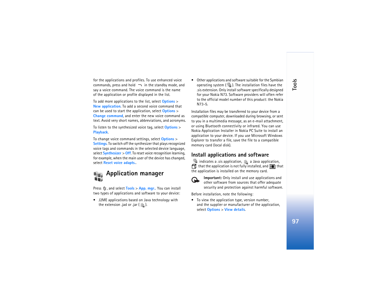 Application manager, Tools, Install applications and software | Nokia N73 User Manual | Page 98 / 241