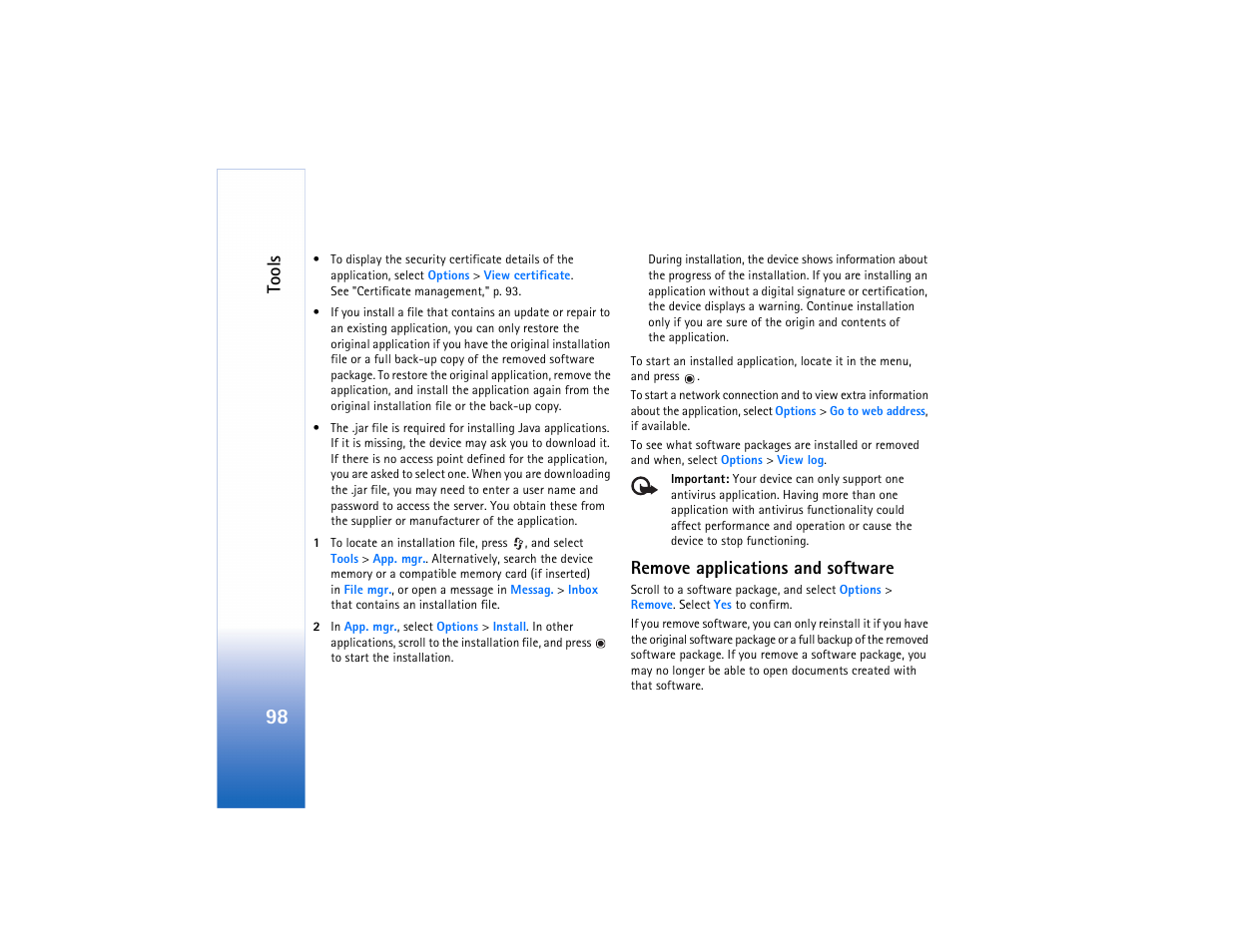 Tools, Remove applications and software | Nokia N73 User Manual | Page 99 / 241
