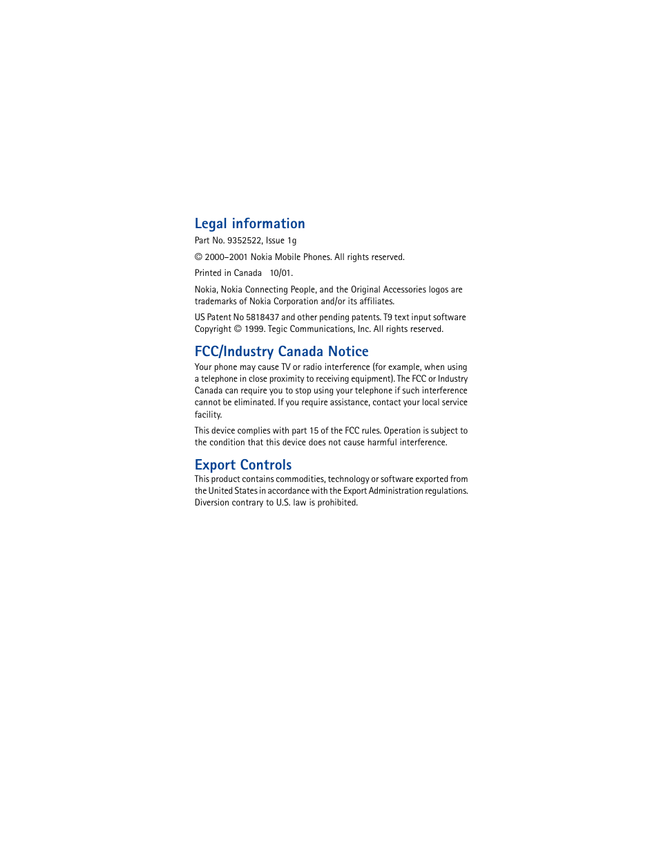Legal information, Fcc/industry canada notice, Export controls | Nokia 8260 User Manual | Page 3 / 153