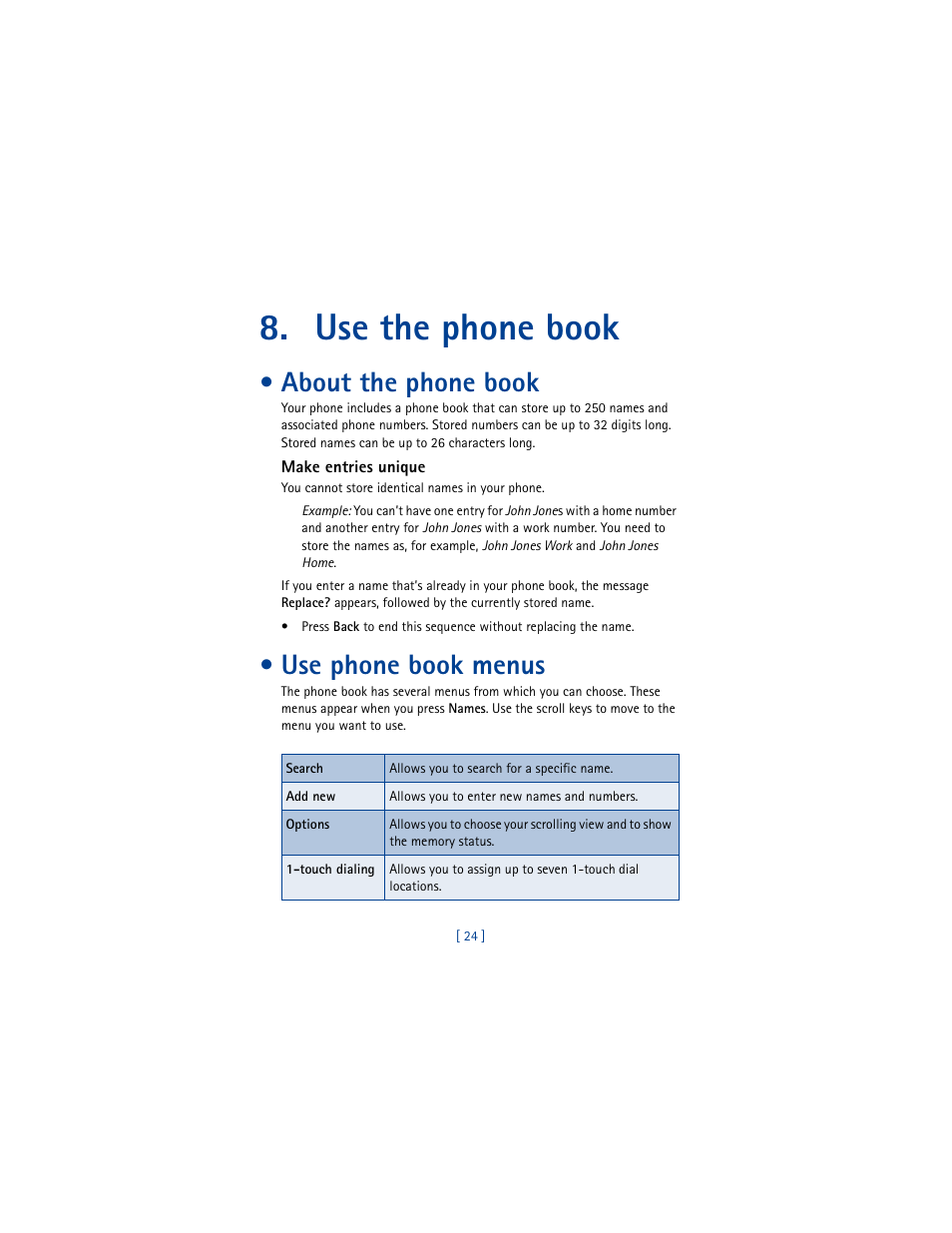 Use the phone book, About the phone book, Use phone book menus | Nokia 8260 User Manual | Page 37 / 153