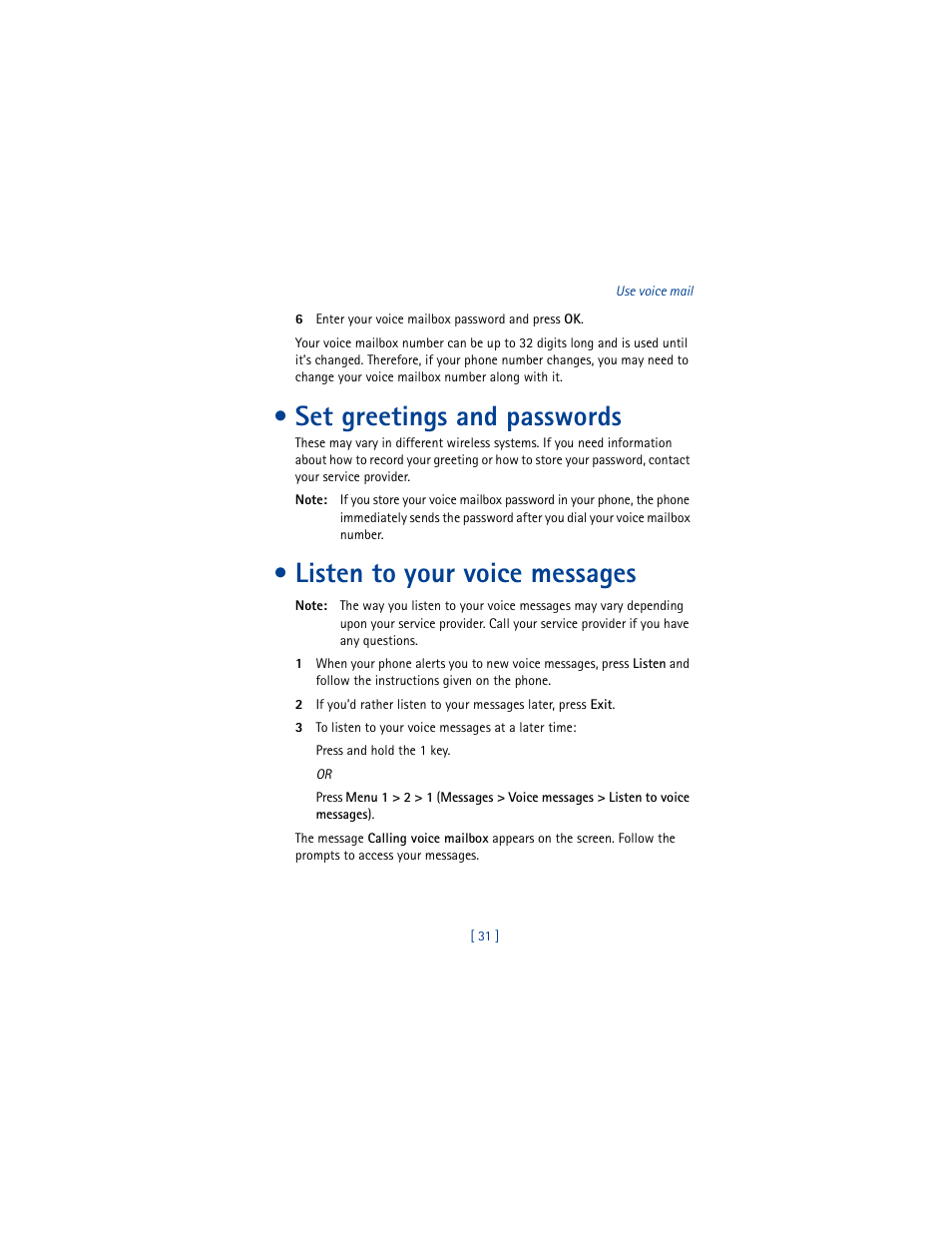 Set greetings and passwords, Listen to your voice messages | Nokia 8260 User Manual | Page 44 / 153