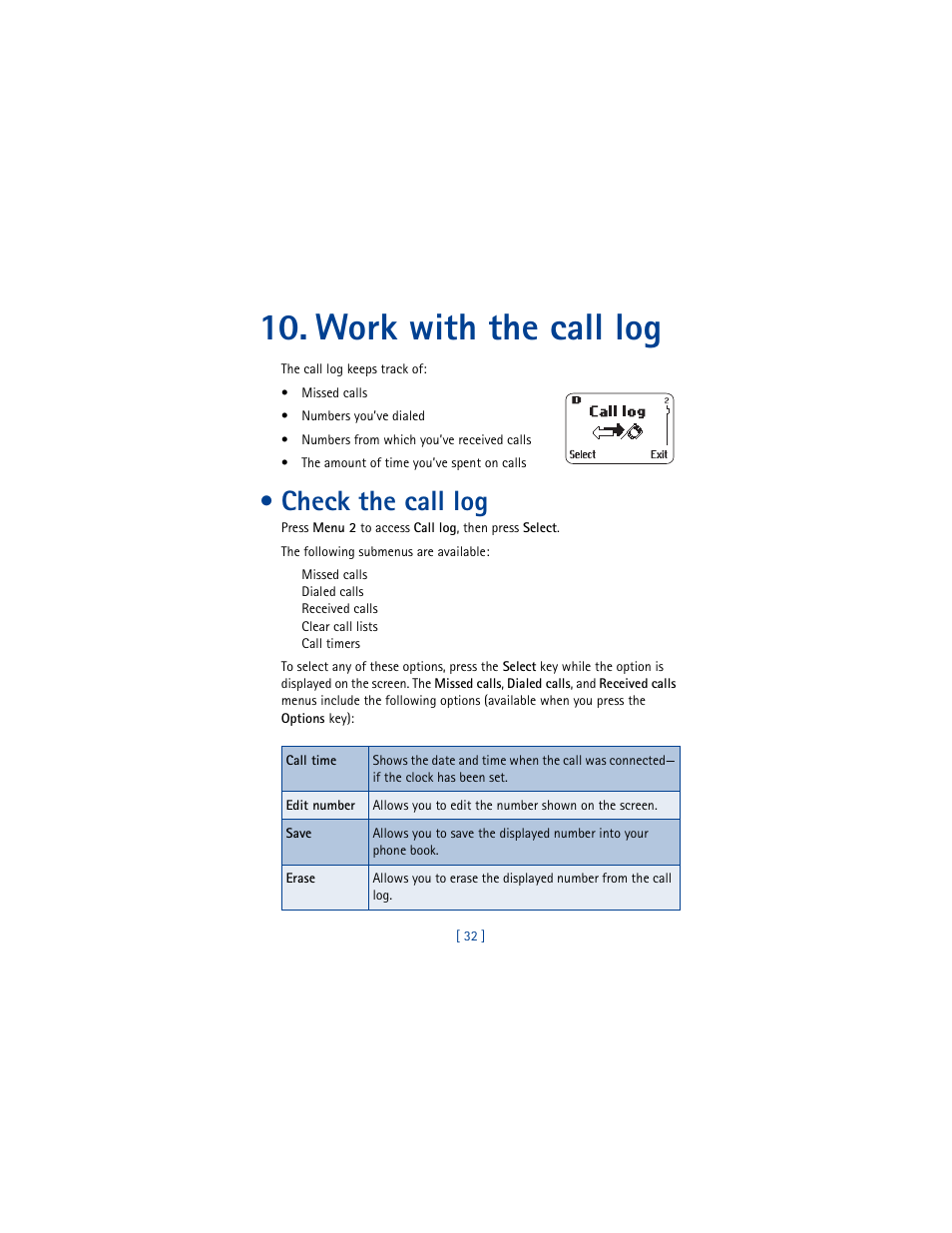 Work with the call log, Check the call log | Nokia 8260 User Manual | Page 45 / 153