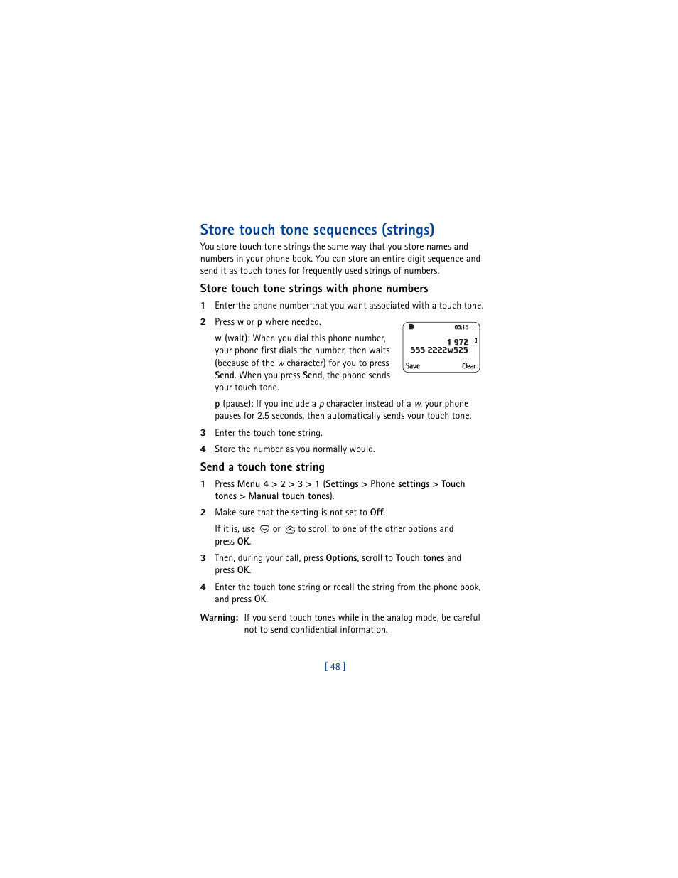 Store touch tone sequences (strings) | Nokia 8260 User Manual | Page 61 / 153