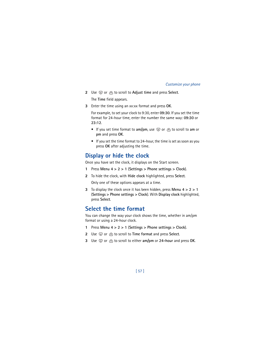 Display or hide the clock, Select the time format | Nokia 8260 User Manual | Page 70 / 153