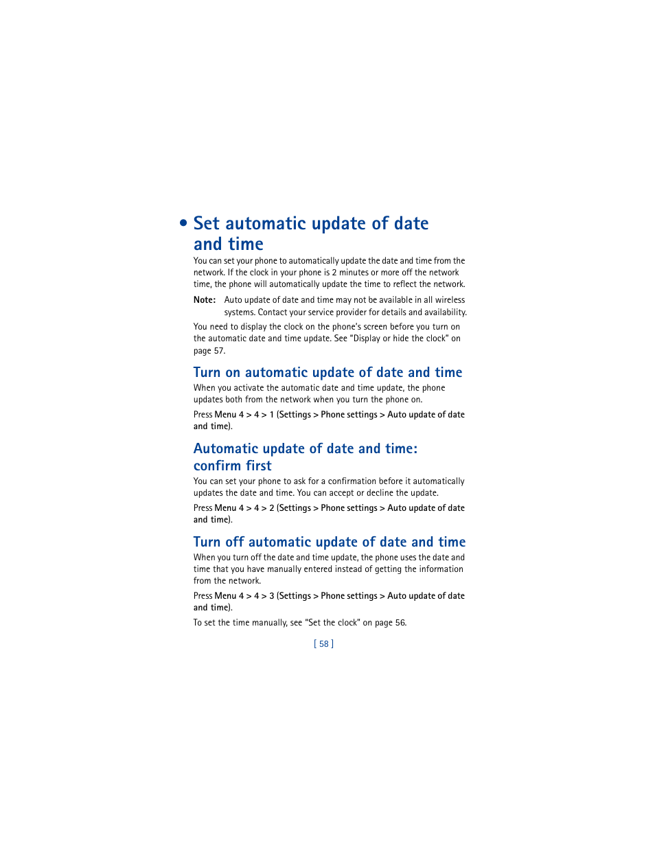 Set automatic update of date and time, Turn on automatic update of date and time, Automatic update of date and time: confirm first | Turn off automatic update of date and time | Nokia 8260 User Manual | Page 71 / 153