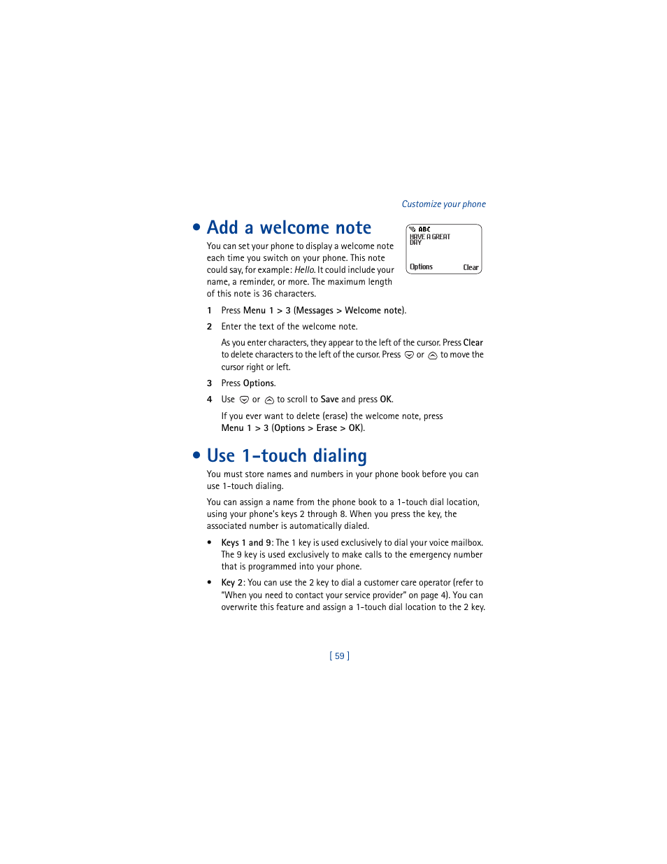 Add a welcome note, Use 1touch dialing, Use 1-touch dialing | Nokia 8260 User Manual | Page 72 / 153