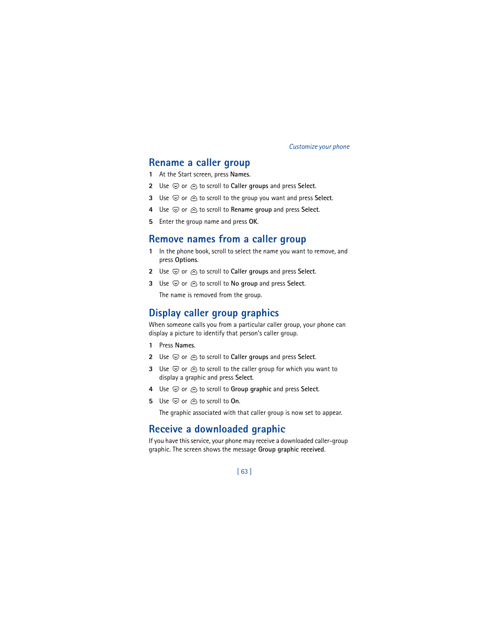 Rename a caller group, Remove names from a caller group, Display caller group graphics | Receive a downloaded graphic | Nokia 8260 User Manual | Page 76 / 153