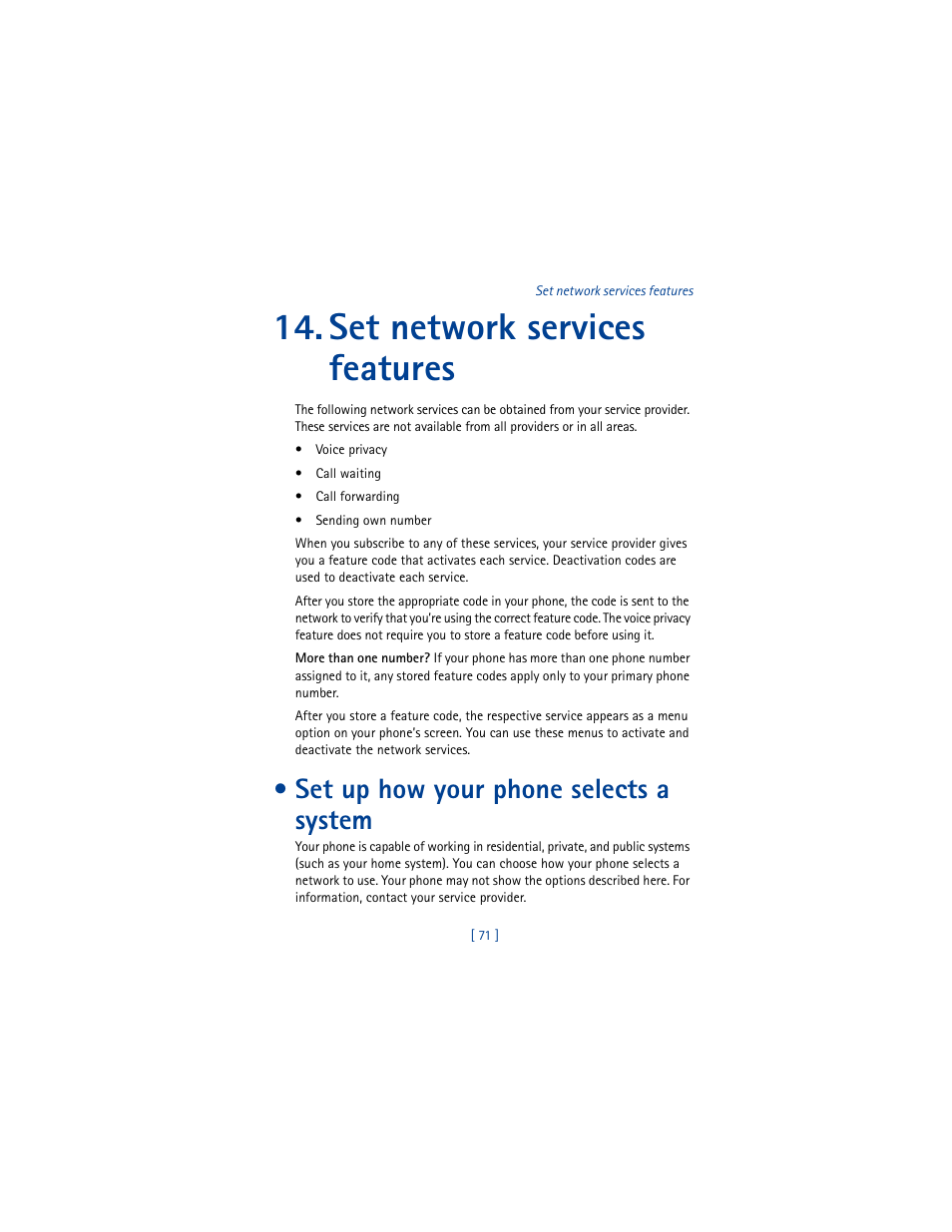 Set network services features, Set up how your phone selects a system | Nokia 8260 User Manual | Page 84 / 153