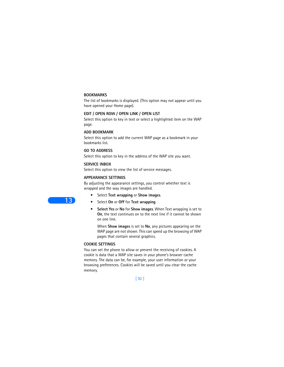 Bookmarks, Edit / open row / open link / open list, Add bookmark | Go to address, Service inbox, Appearance settings, Cookie settings | Nokia 6310i User Manual | Page 101 / 161