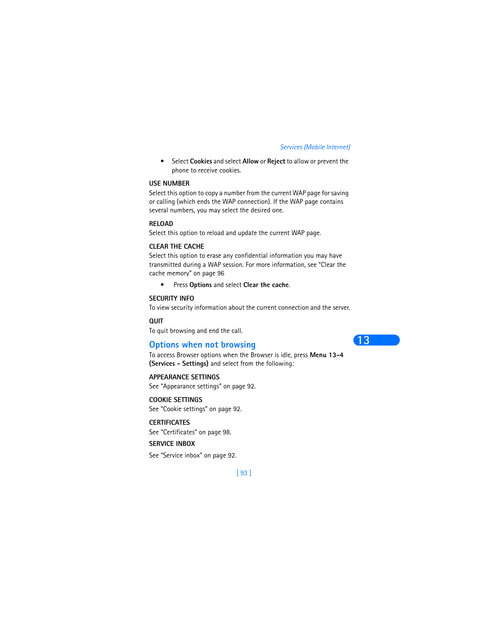 Use number, Reload, Clear the cache | Security info, Quit, Options when not browsing, Appearance settings, Cookie settings, Certificates | Nokia 6310i User Manual | Page 102 / 161