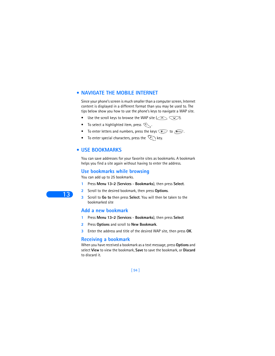 Navigate the mobile internet, Use bookmarks, Use bookmarks while browsing | Add a new bookmark, Receiving a bookmark | Nokia 6310i User Manual | Page 103 / 161