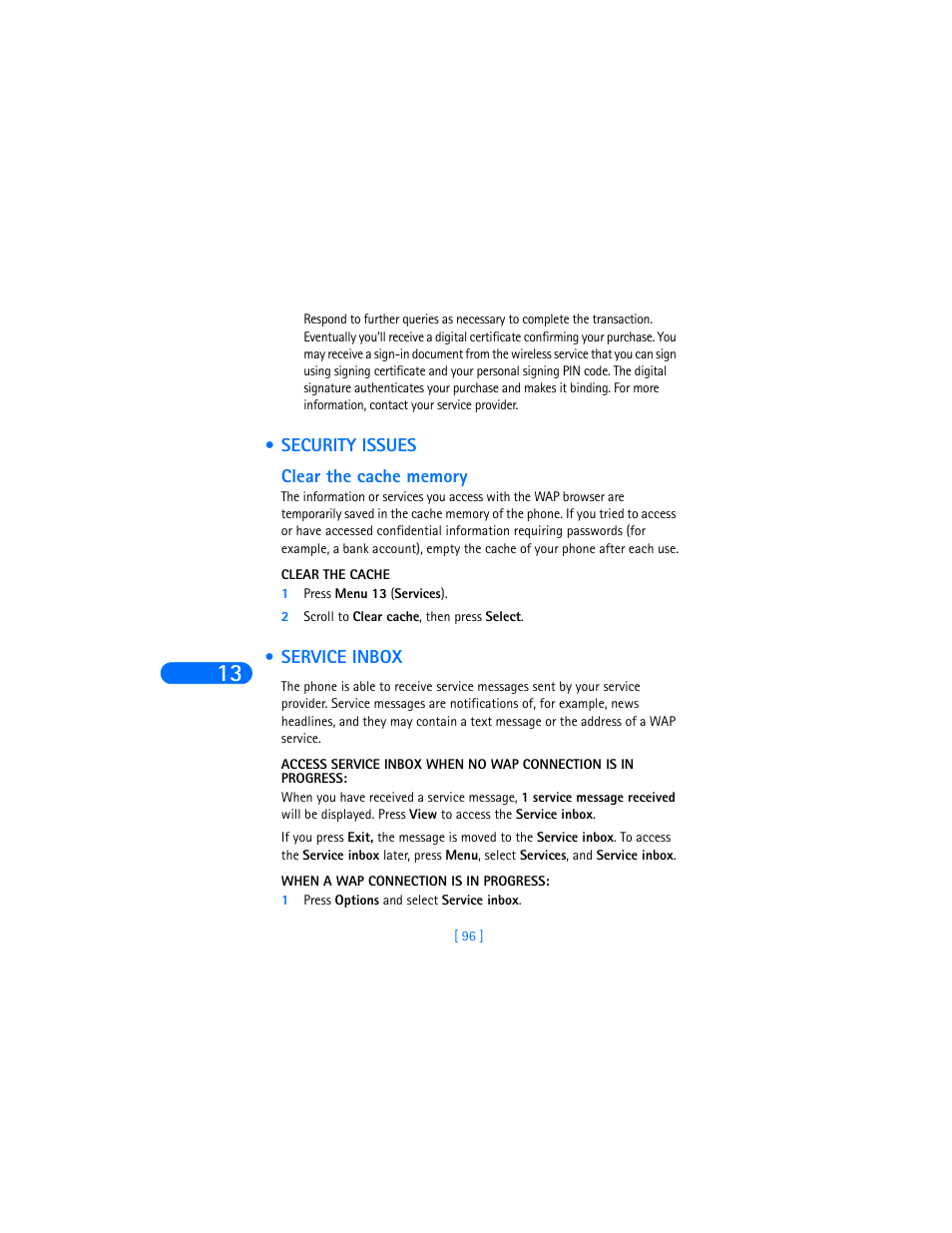 Security issues, Clear the cache memory, Clear the cache | Service inbox, When a wap connection is in progress | Nokia 6310i User Manual | Page 105 / 161