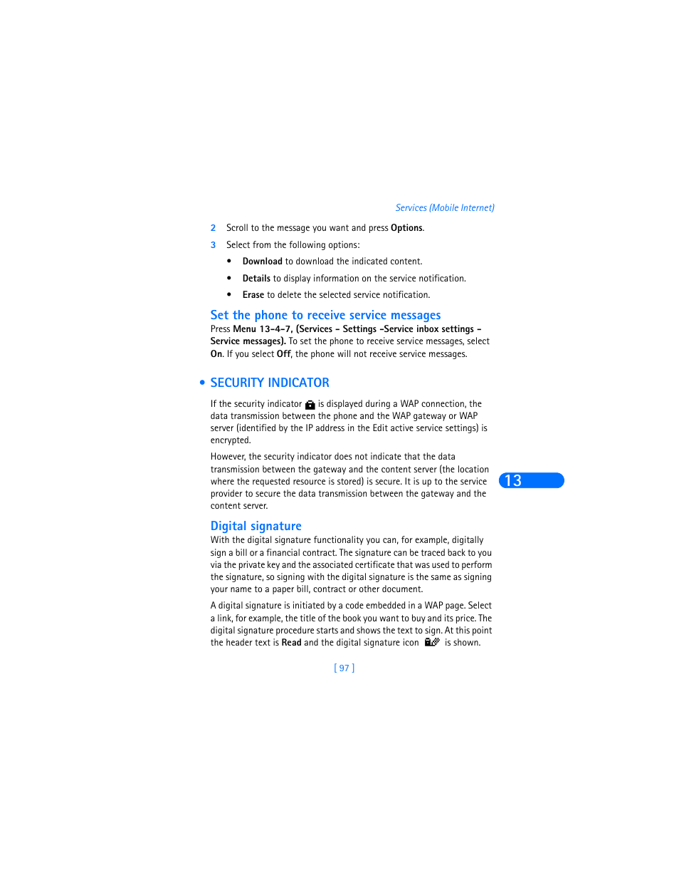 Set the phone to receive service messages, Security indicator, Digital signature | Nokia 6310i User Manual | Page 106 / 161