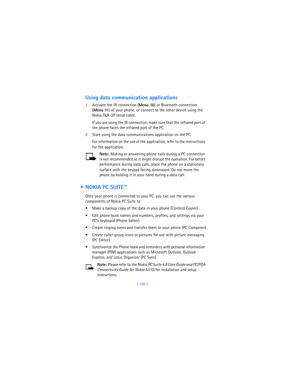 Using data communication applications, Nokia pc suite | Nokia 6310i User Manual | Page 109 / 161