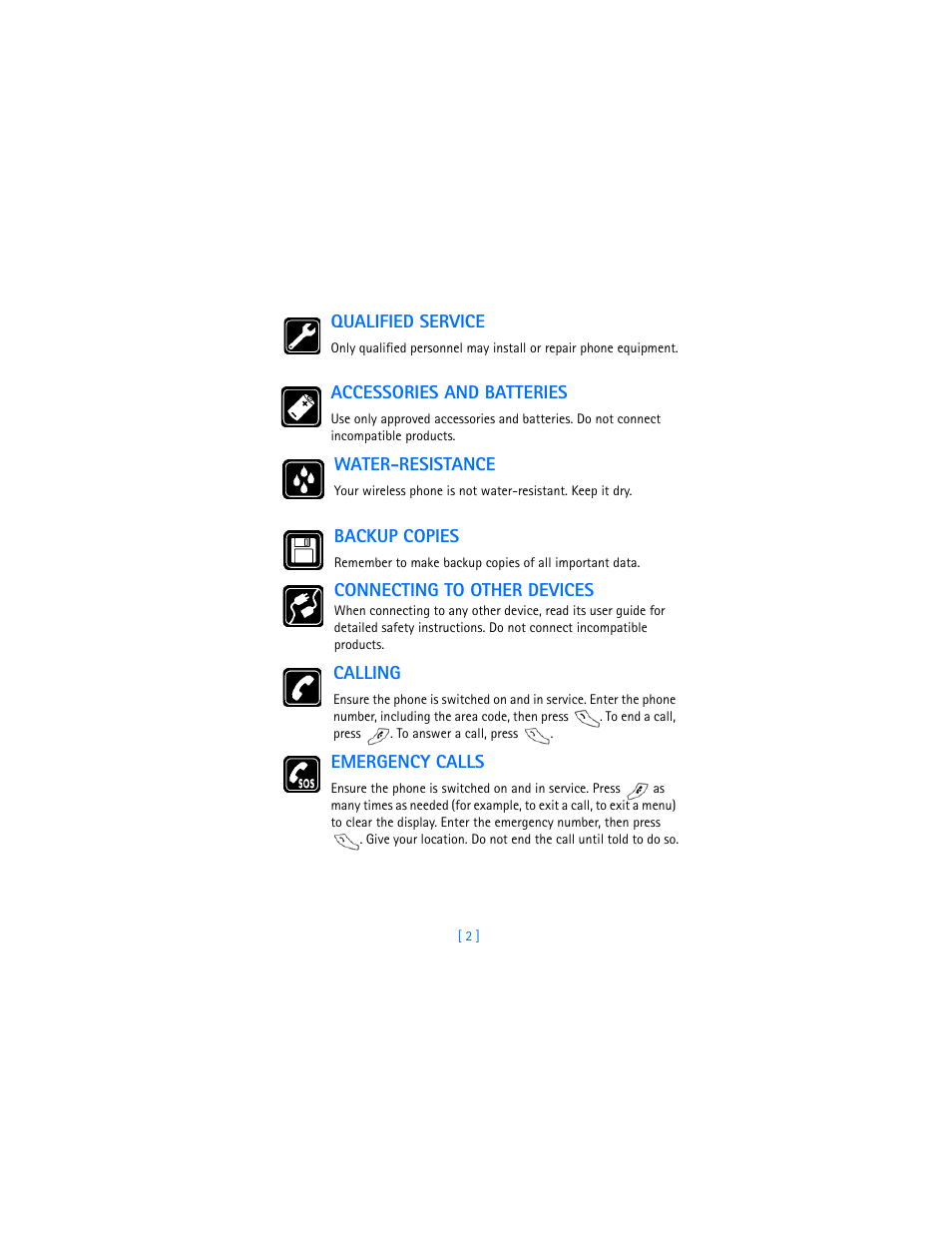 Qualified service, Accessories and batteries, Water-resistance | Backup copies, Connecting to other devices, Calling, Emergency calls | Nokia 6310i User Manual | Page 11 / 161