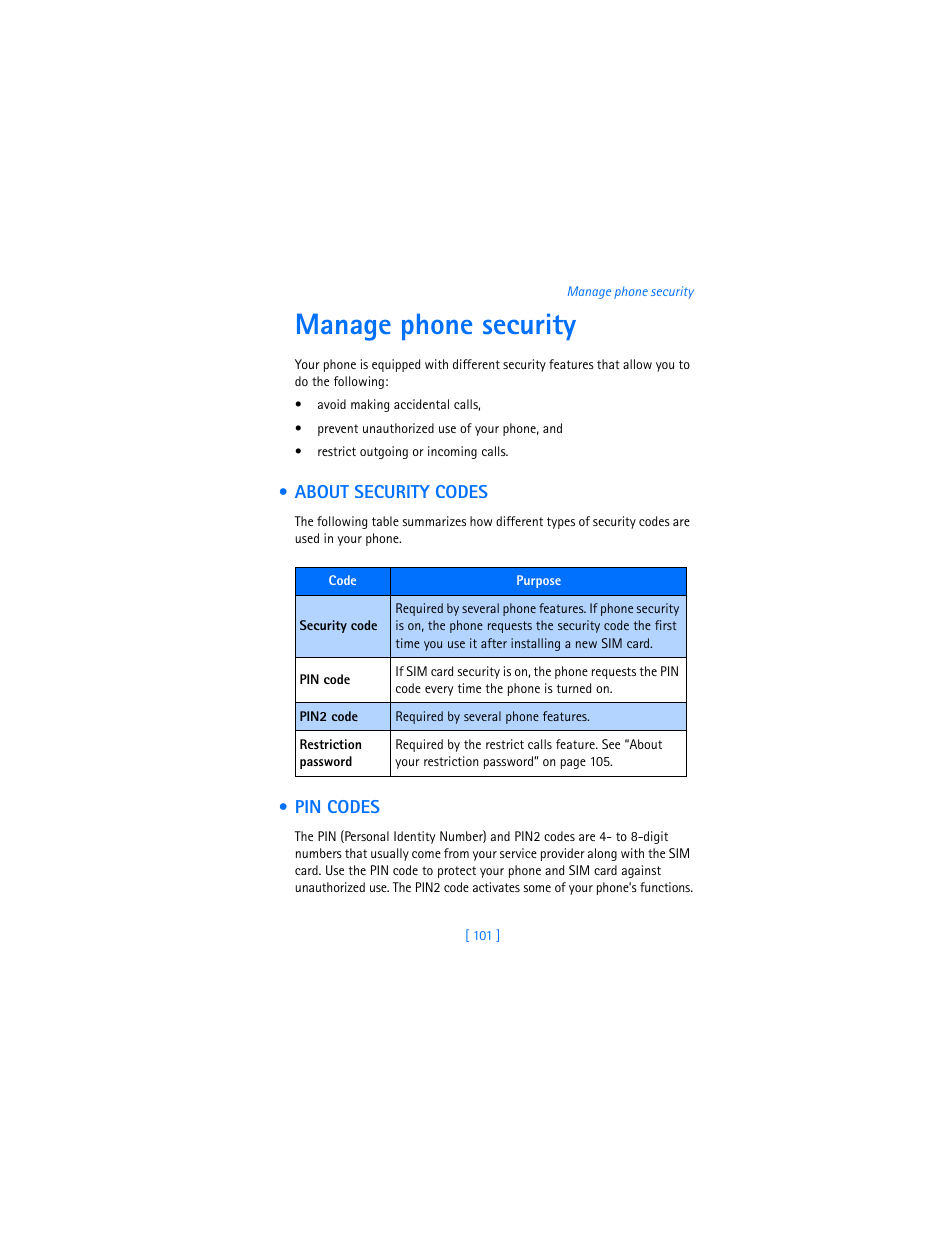 Manage phone security, About security codes, Pin codes | Nokia 6310i User Manual | Page 110 / 161