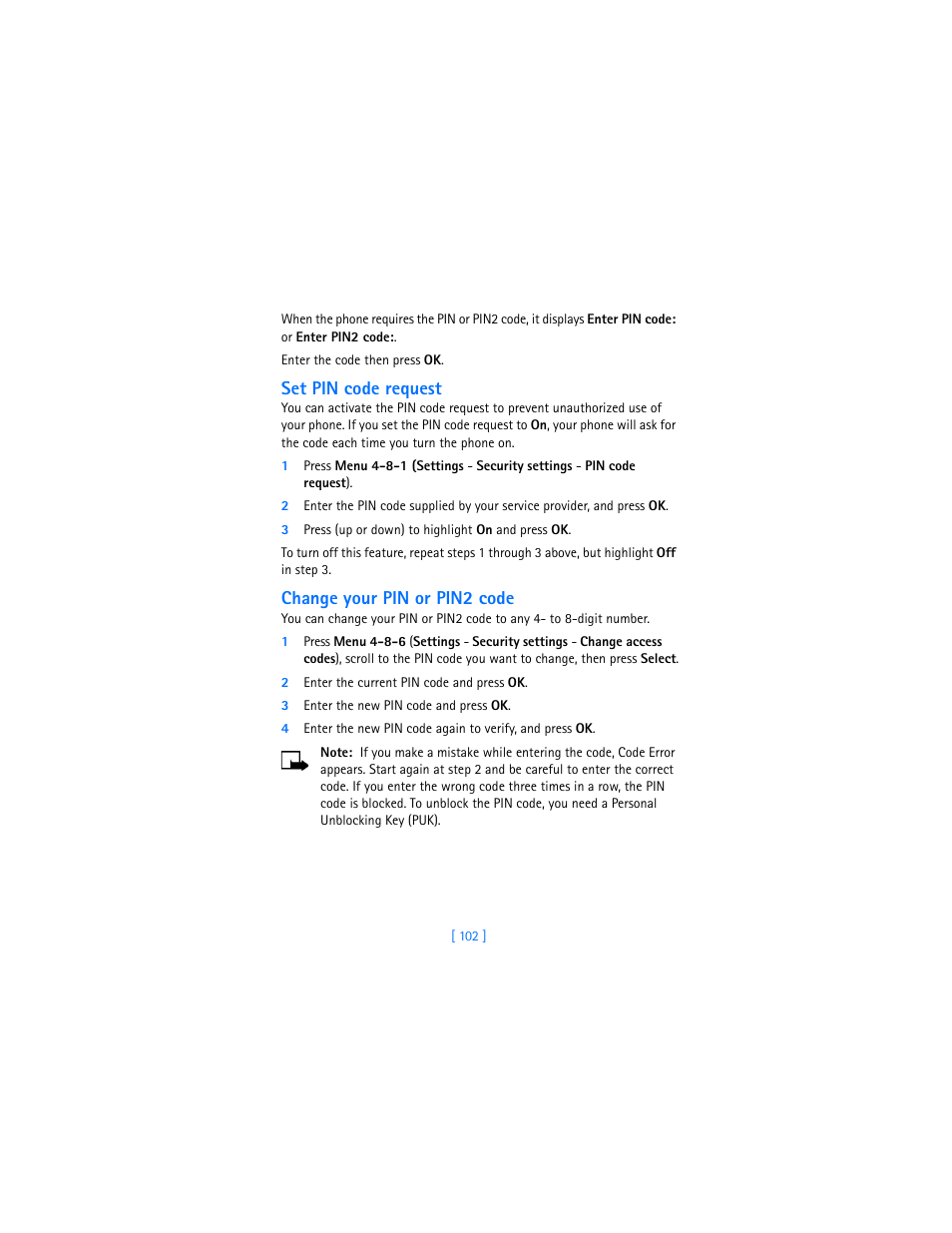 Set pin code request, Change your pin or pin2 code | Nokia 6310i User Manual | Page 111 / 161