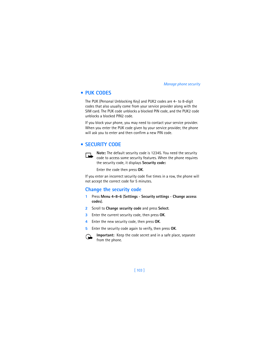 Puk codes, Security code, Change the security code | Nokia 6310i User Manual | Page 112 / 161