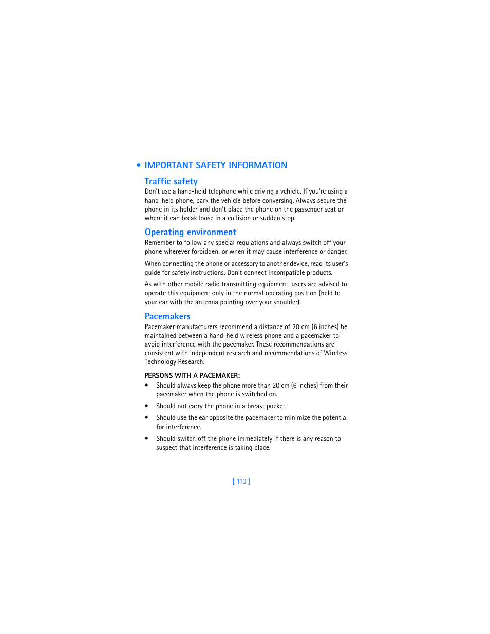 Important safety information, Traffic safety, Operating environment | Pacemakers, Persons with a pacemaker | Nokia 6310i User Manual | Page 119 / 161