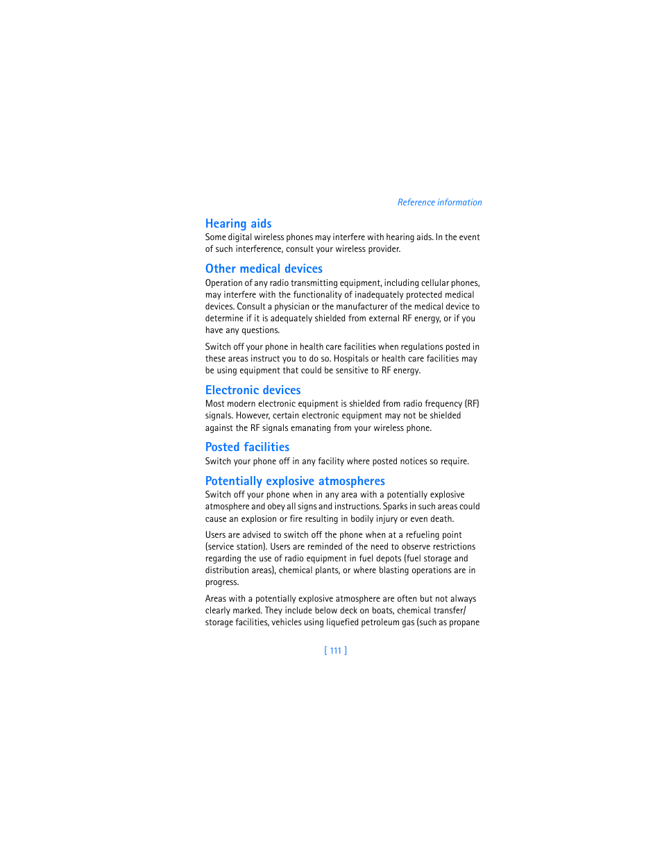 Hearing aids, Other medical devices, Electronic devices | Posted facilities, Potentially explosive atmospheres | Nokia 6310i User Manual | Page 120 / 161