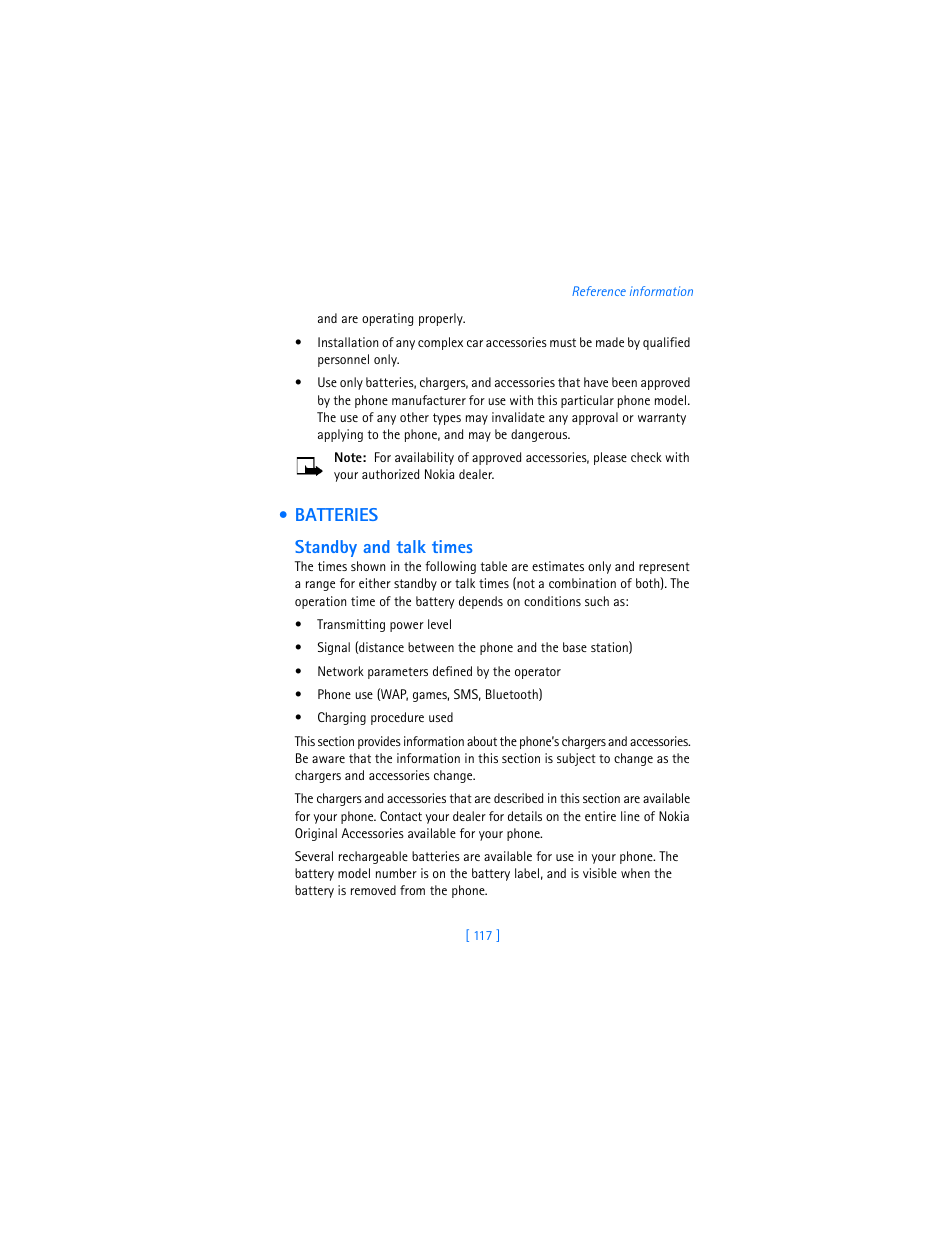 Batteries, Standby and talk times | Nokia 6310i User Manual | Page 126 / 161