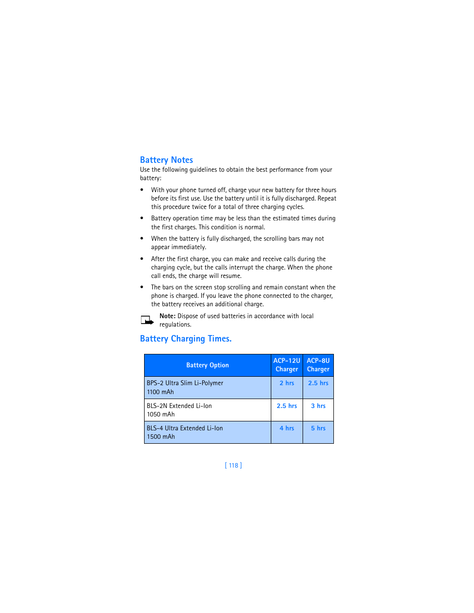 Battery notes, Battery charging times | Nokia 6310i User Manual | Page 127 / 161