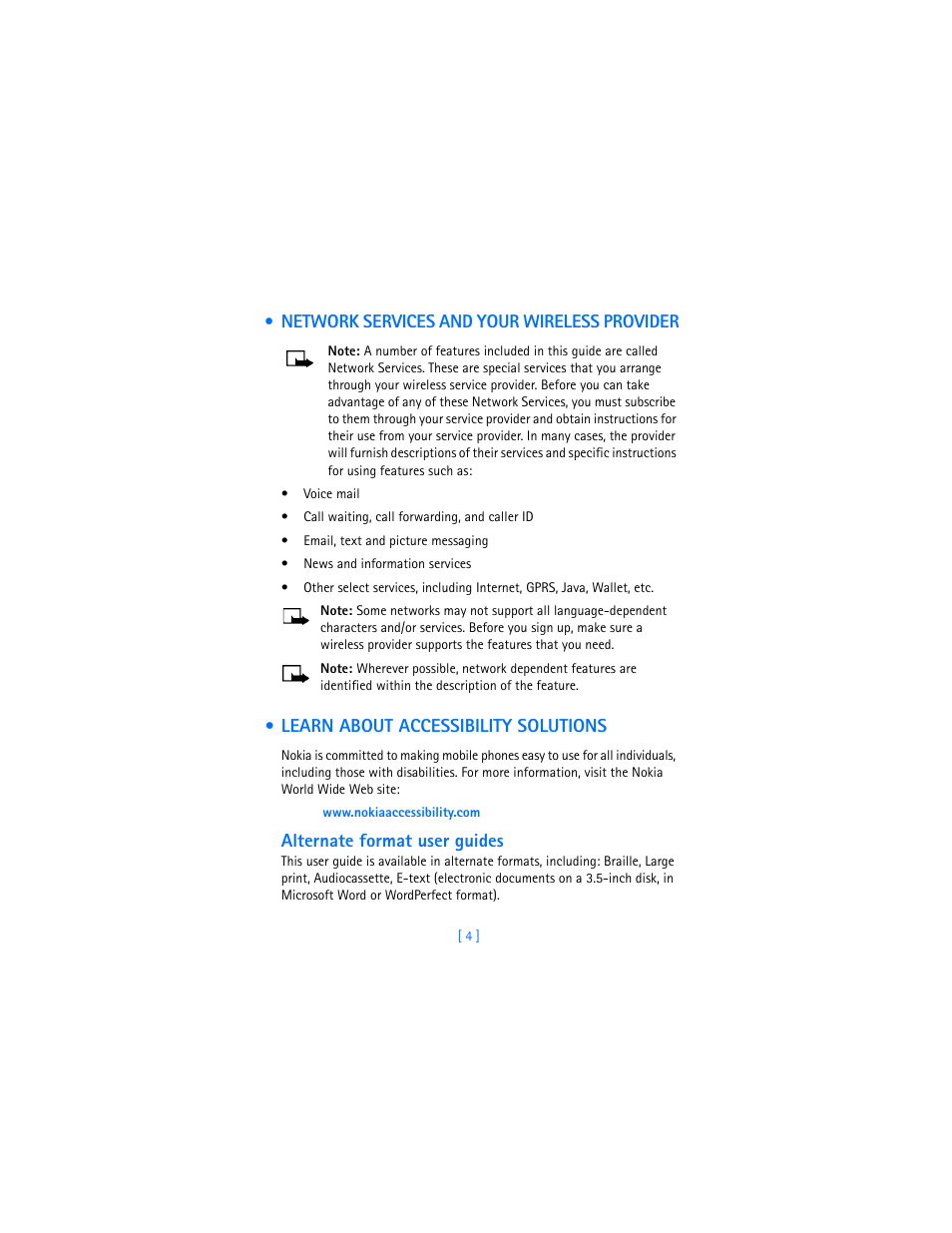 Network services and your wireless provider, Learn about accessibility solutions, Alternate format user guides | Nokia 6310i User Manual | Page 13 / 161