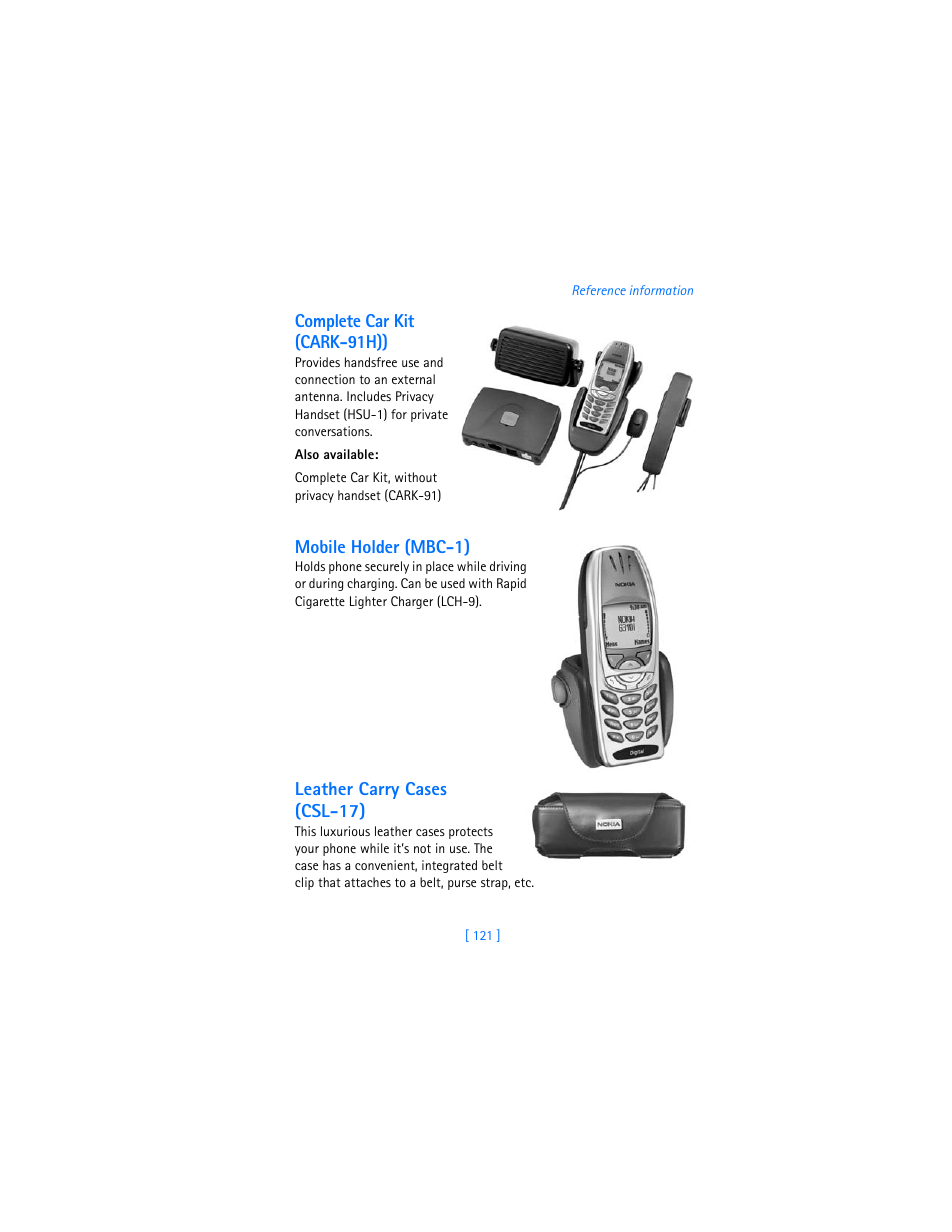 Complete car kit (cark-91h)), Mobile holder (mbc-1), Leather carry cases (csl-17) | Nokia 6310i User Manual | Page 130 / 161