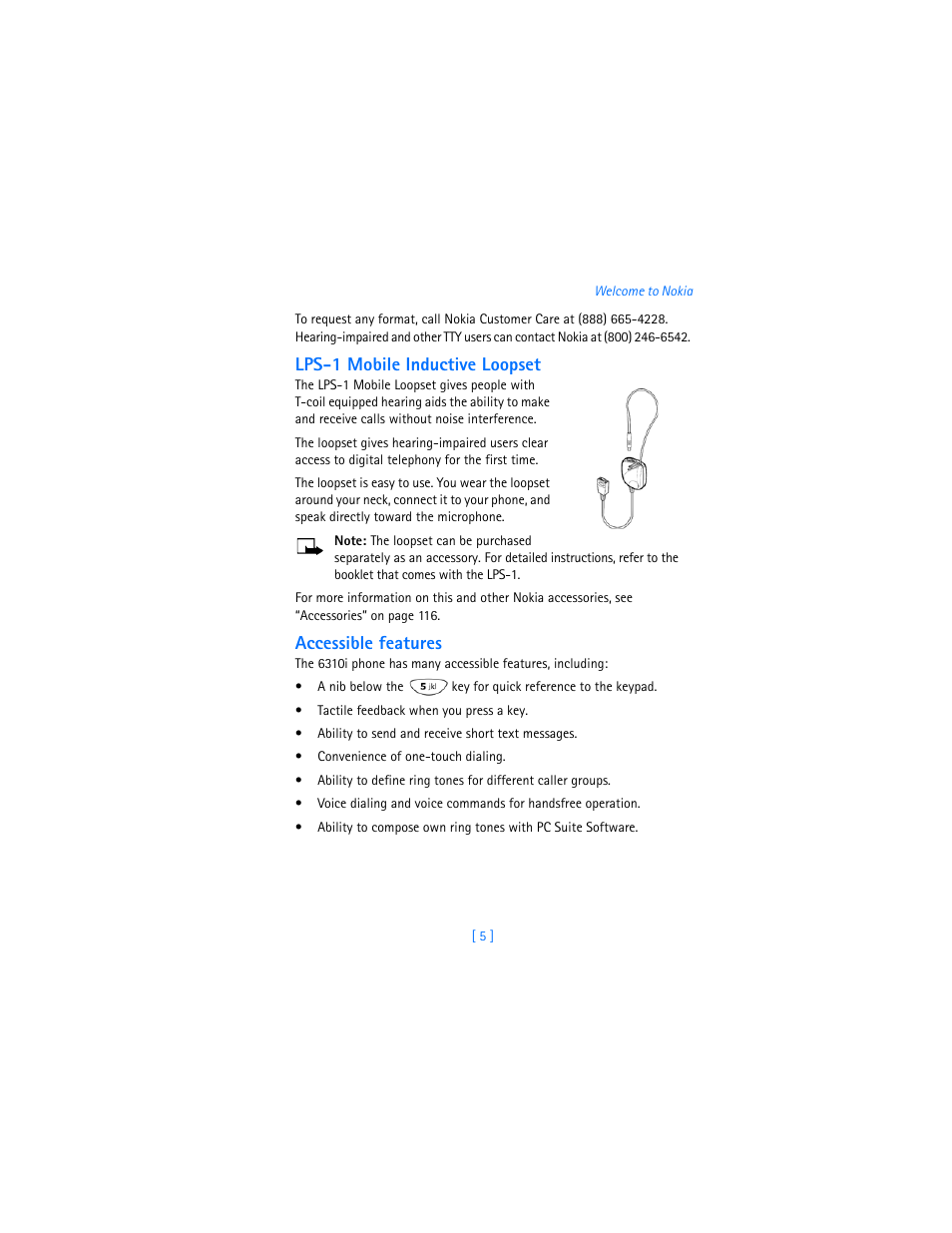 Lps-1 mobile inductive loopset, Accessible features | Nokia 6310i User Manual | Page 14 / 161