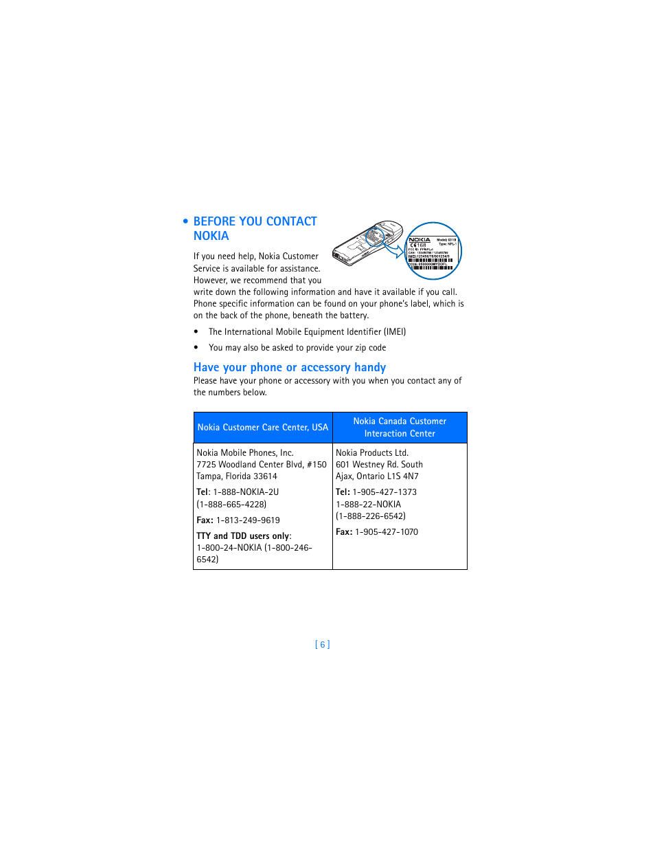 Before you contact nokia, Have your phone or accessory handy | Nokia 6310i User Manual | Page 15 / 161