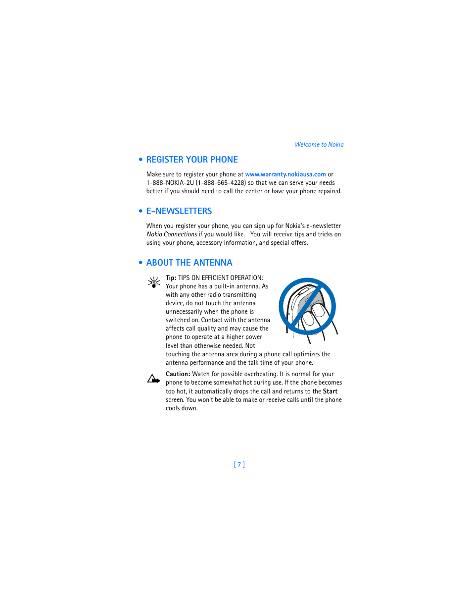 Register your phone, E-newsletters, About the antenna | Nokia 6310i User Manual | Page 16 / 161