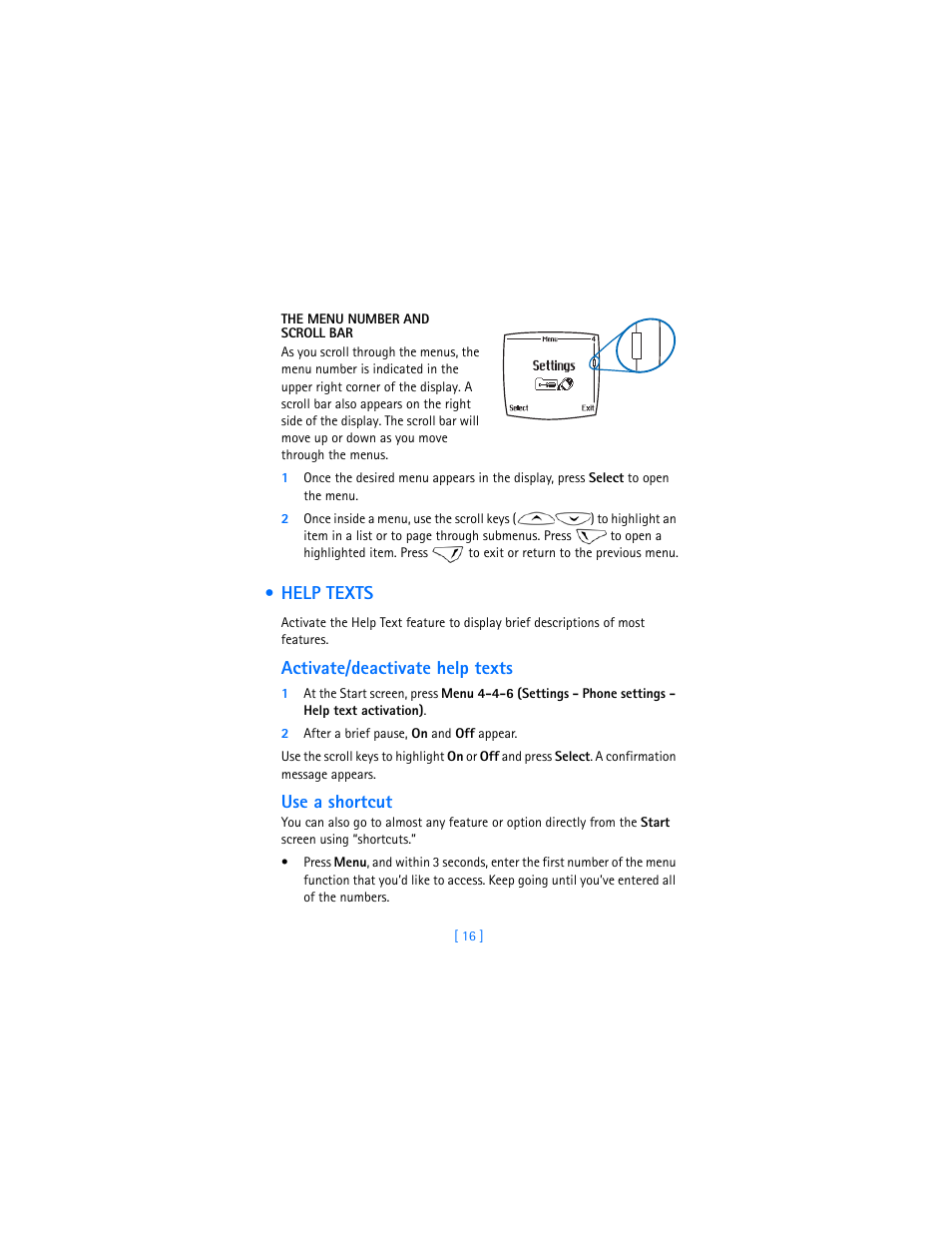 The menu number and scroll bar, Help texts, Activate/deactivate help texts | Use a shortcut | Nokia 6310i User Manual | Page 25 / 161