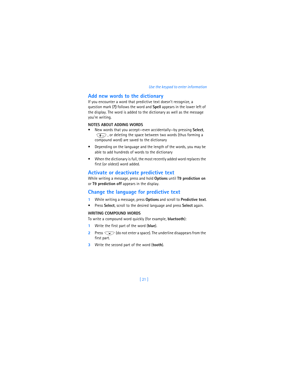 Add new words to the dictionary, Notes about adding words, Activate or deactivate predictive text | Change the language for predictive text, Writing compound words | Nokia 6310i User Manual | Page 30 / 161