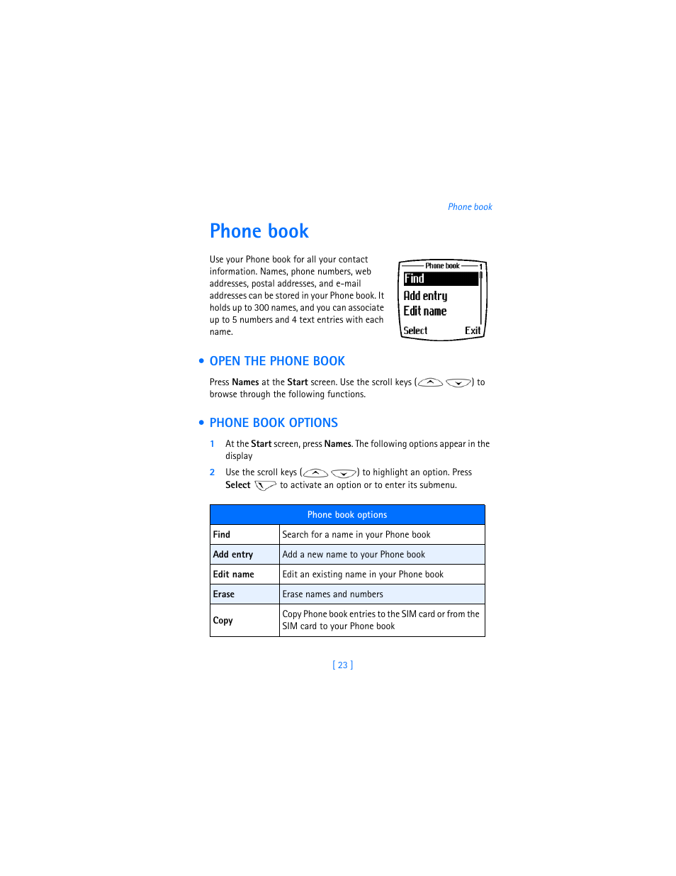 Phone book, Open the phone book, Phone book options | Nokia 6310i User Manual | Page 32 / 161