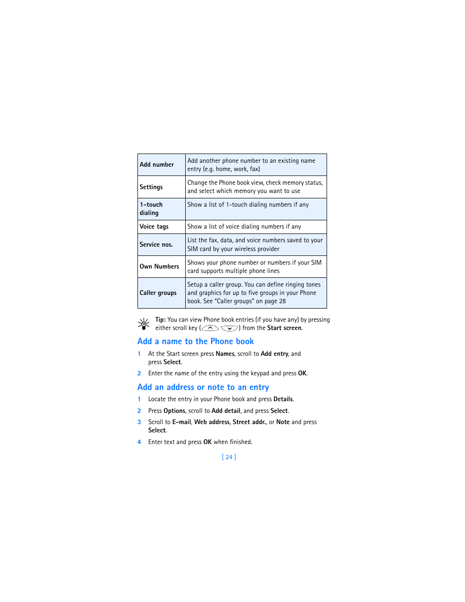 Add a name to the phone book, Add an address or note to an entry | Nokia 6310i User Manual | Page 33 / 161