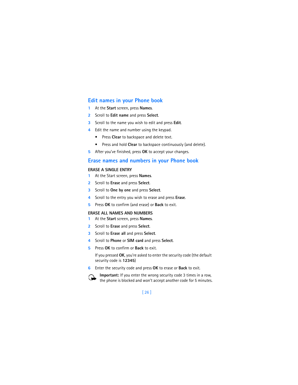 Edit names in your phone book, Erase names and numbers in your phone book, Erase a single entry | Erase all names and numbers | Nokia 6310i User Manual | Page 35 / 161
