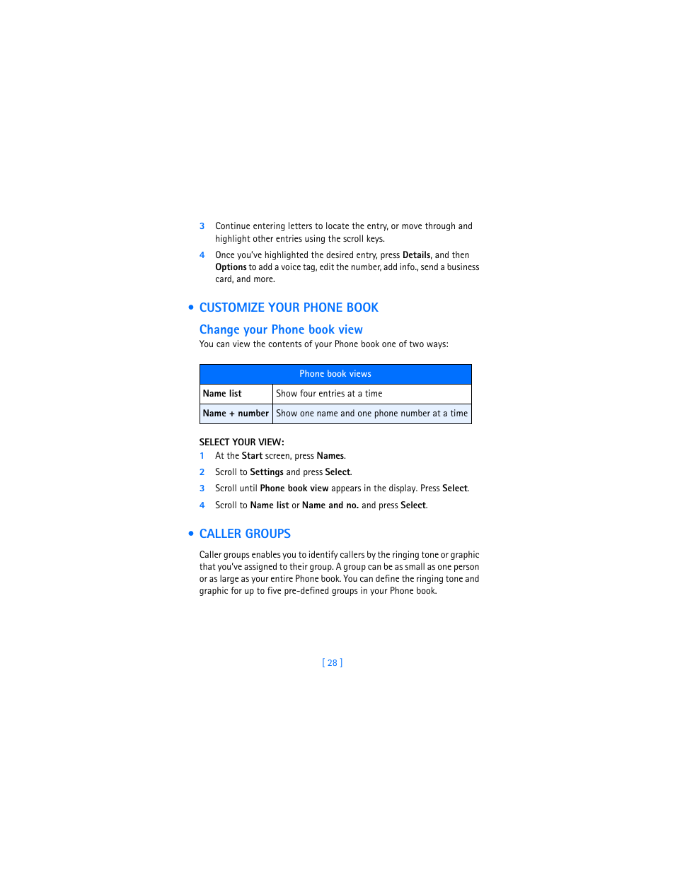 Customize your phone book, Change your phone book view, Select your view | Caller groups | Nokia 6310i User Manual | Page 37 / 161