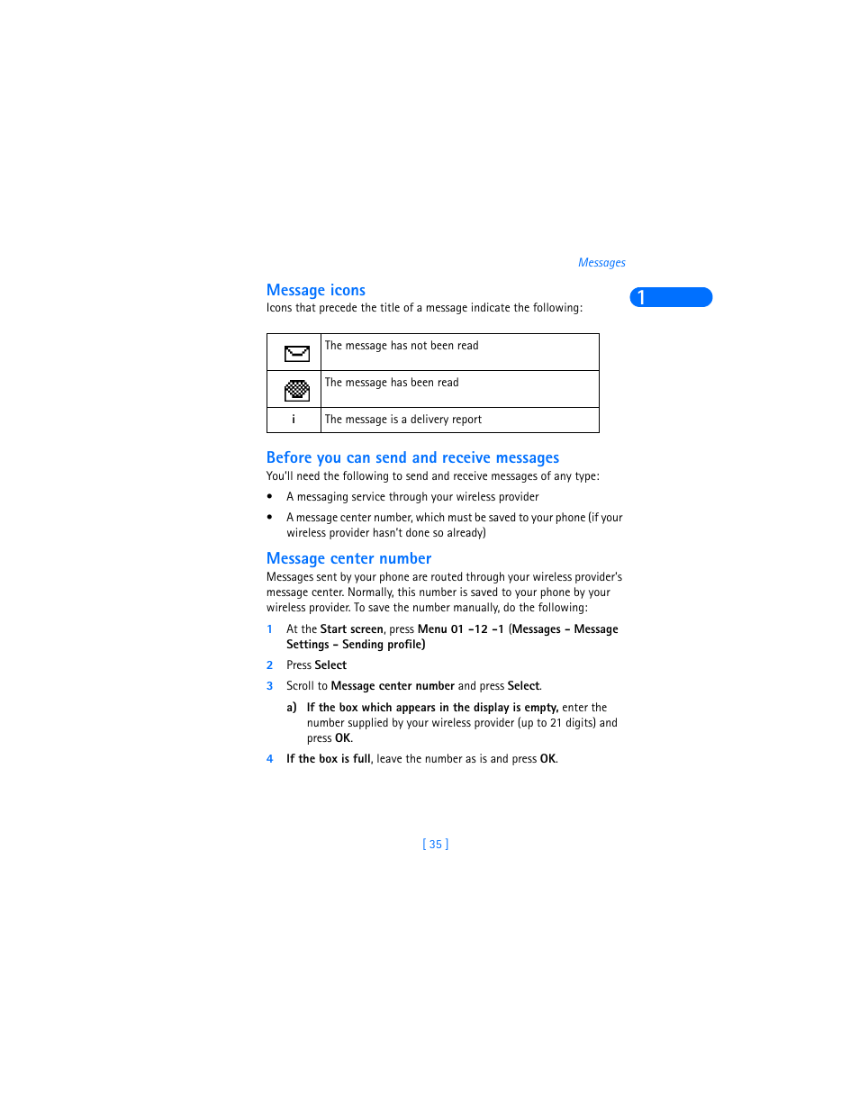 Message icons, Before you can send and receive messages, Message center number | Nokia 6310i User Manual | Page 44 / 161