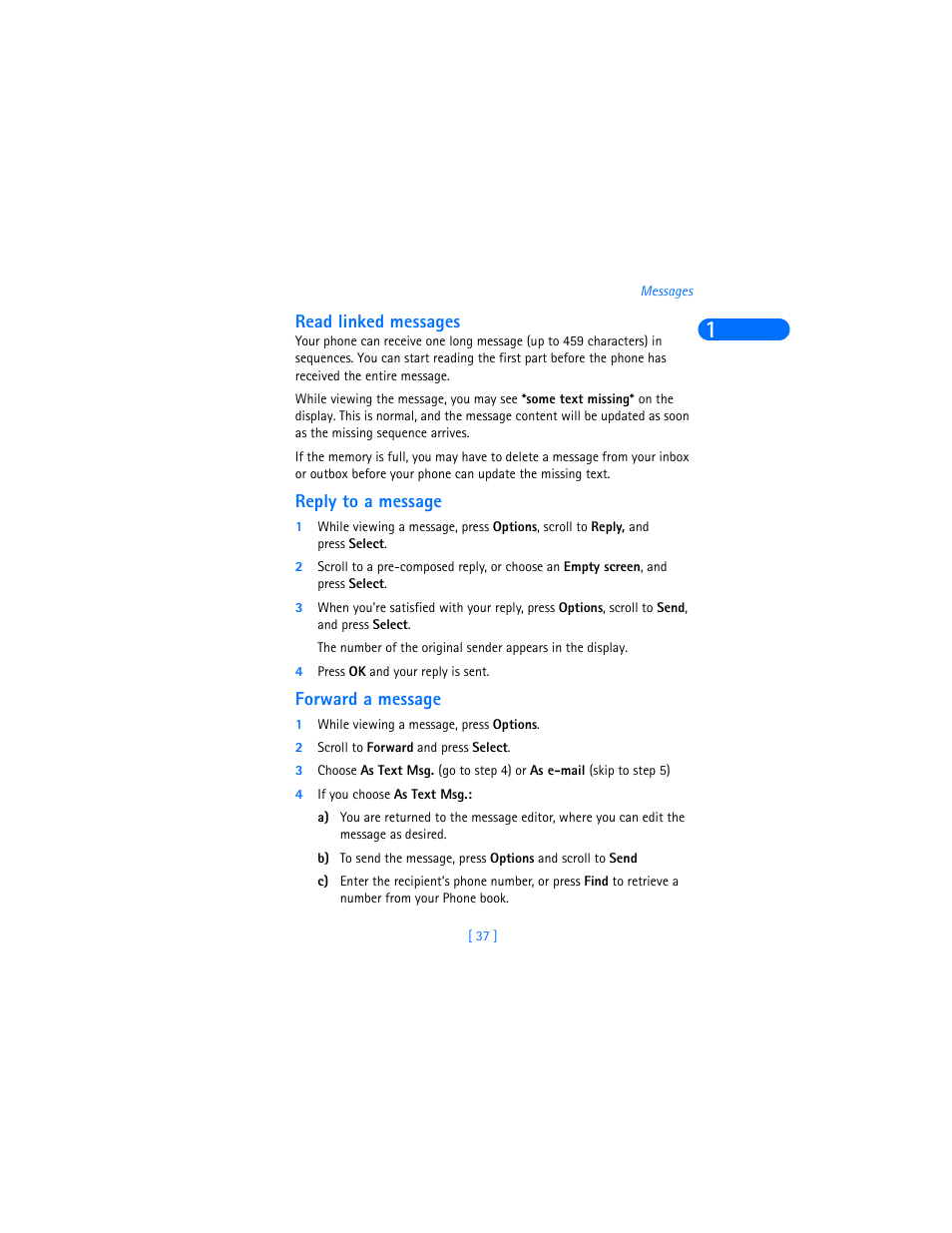 Read linked messages, Reply to a message, Forward a message | Nokia 6310i User Manual | Page 46 / 161