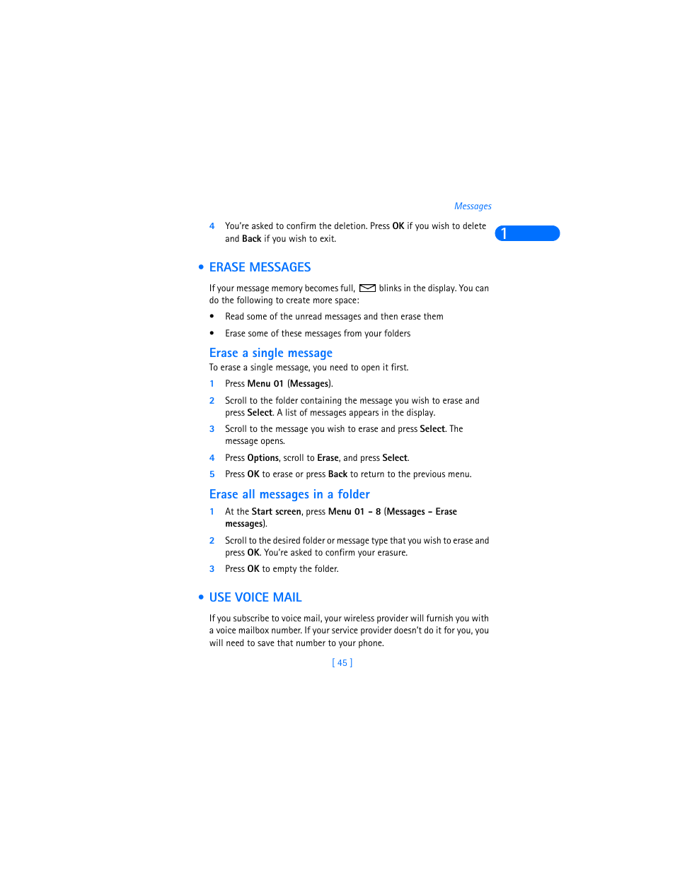 Erase messages, Erase a single message, Erase all messages in a folder | Use voice mail | Nokia 6310i User Manual | Page 54 / 161