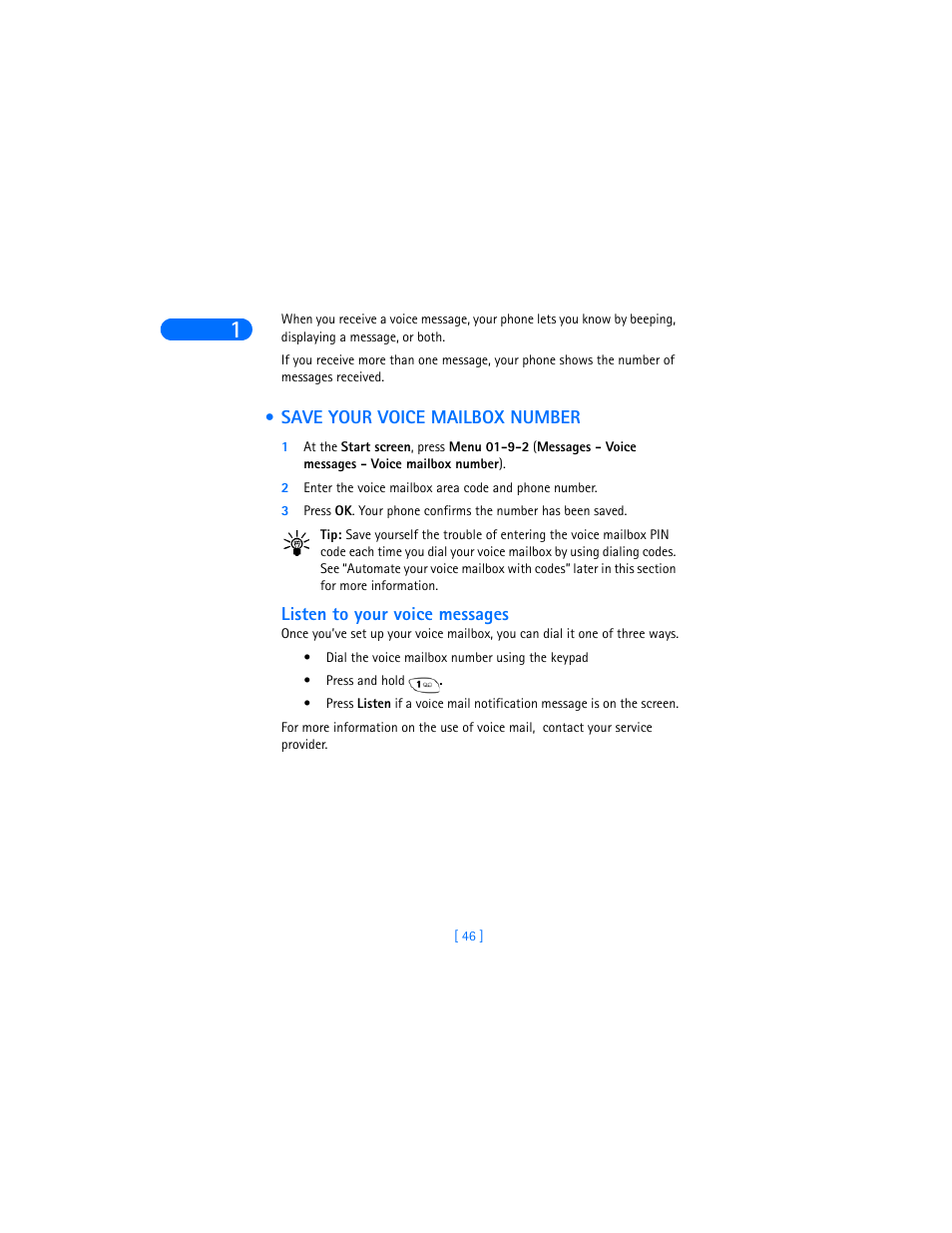 Save your voice mailbox number, Listen to your voice messages | Nokia 6310i User Manual | Page 55 / 161